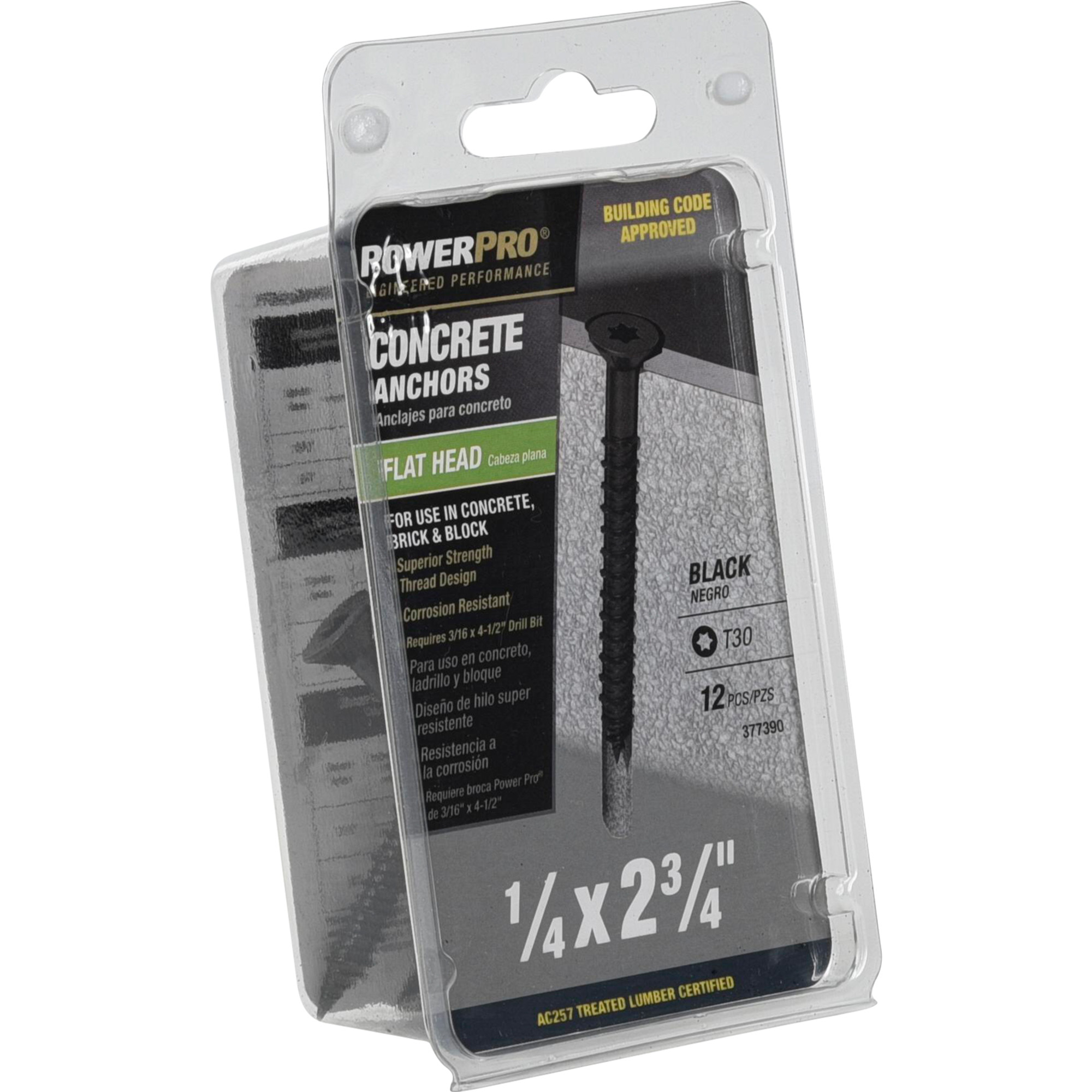 Power Pro Black Flat-Head Concrete Screw Anchor (1/4 in. x 2-3/4 in.) - 12 pc