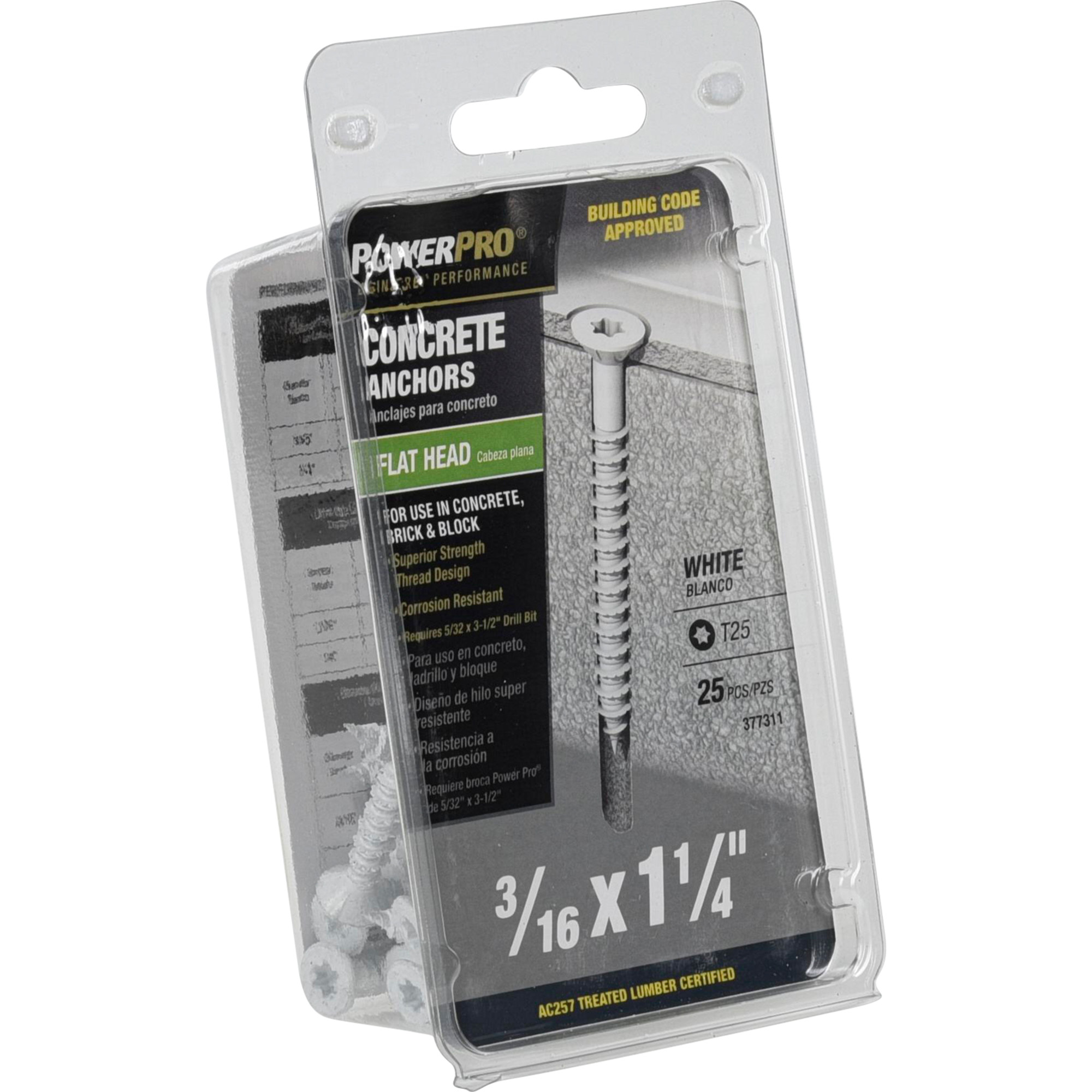 Power Pro White Flat-Head Concrete Screw Anchor (3/16 in. x 1-1/4 in.) - 25 pc