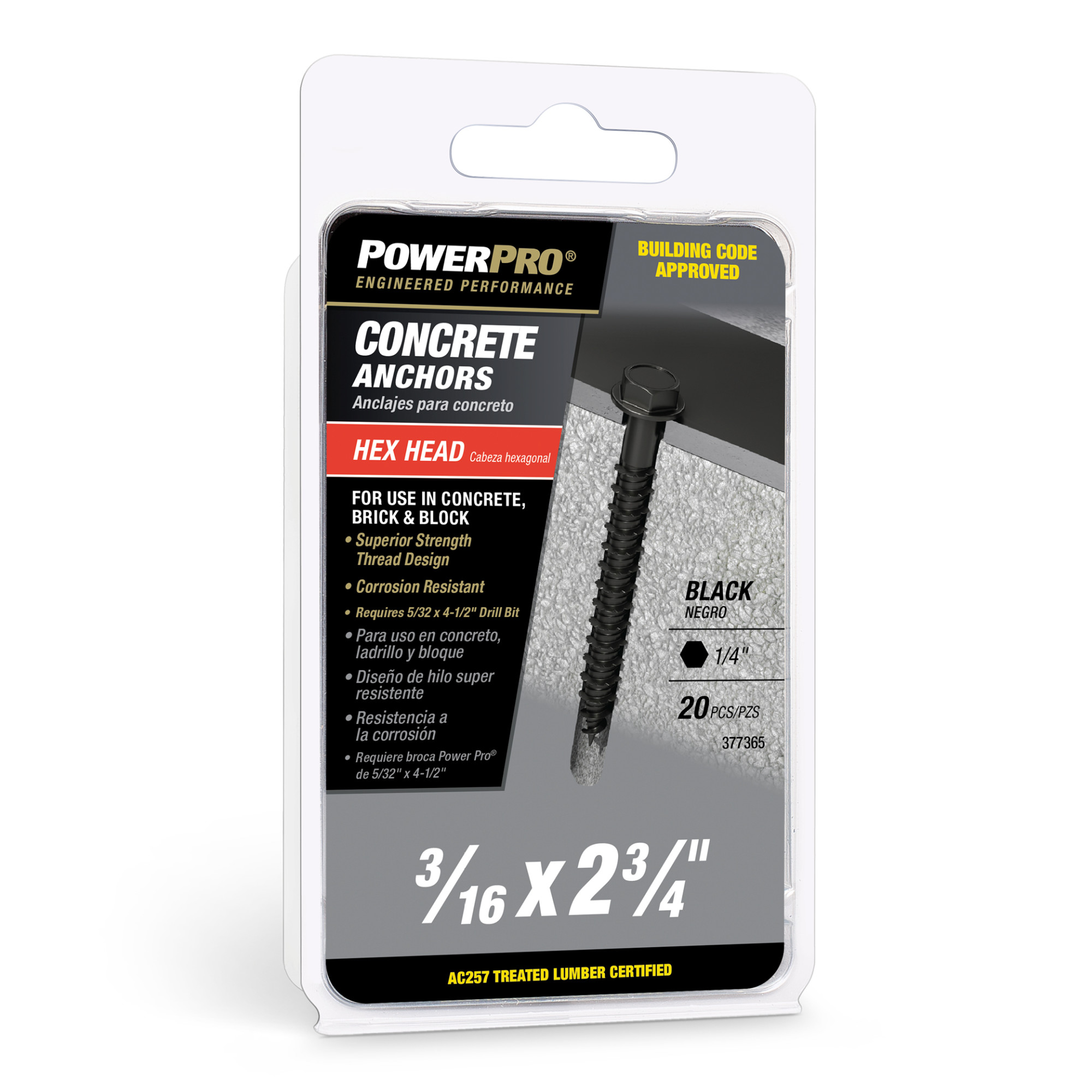 Power Pro Black Hex Washer-Head Concrete Screw Anchor (3/16 in. x 2-3/4 in.) - 20 pc