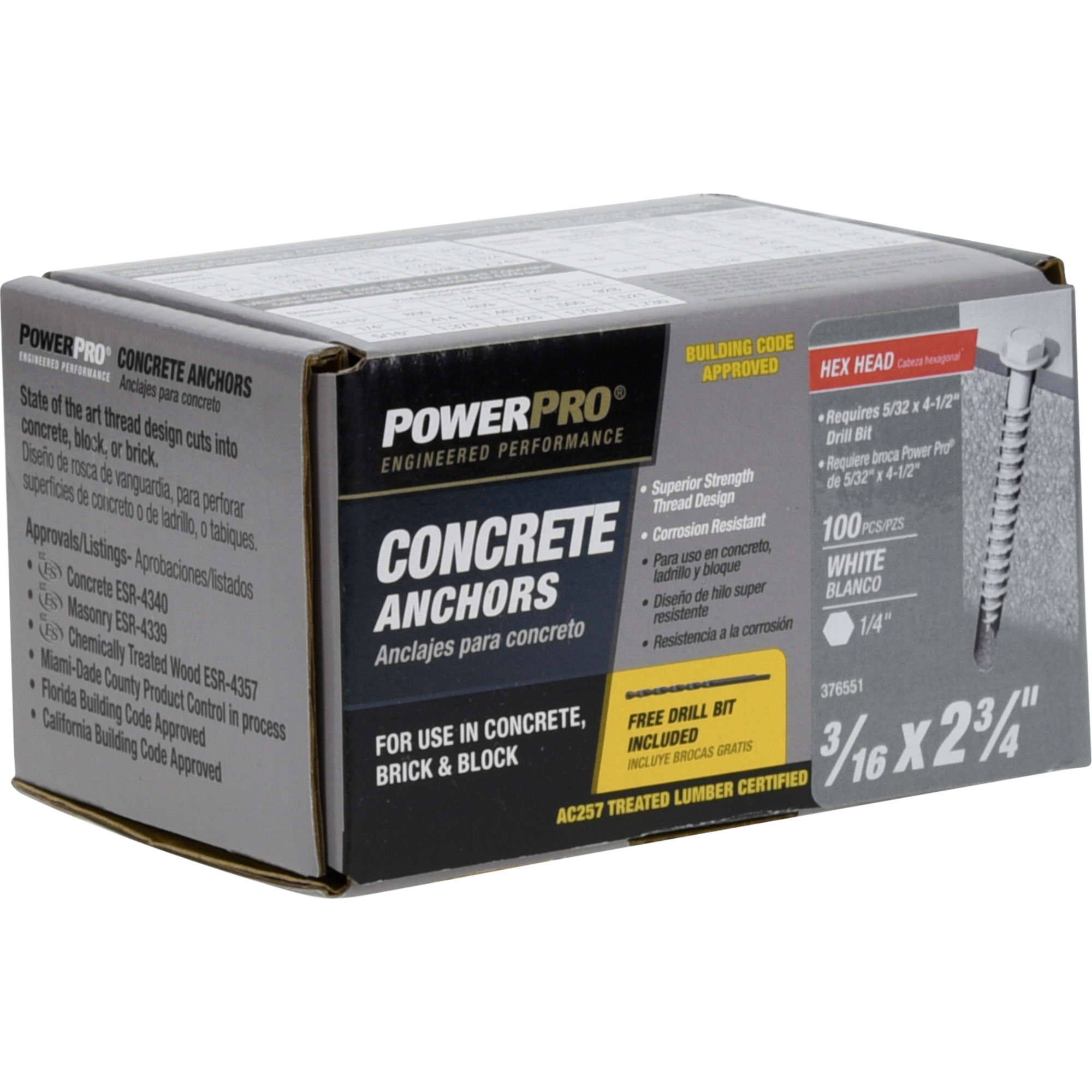 Power Pro White Hex Washer-Head Concrete Screw Anchor (3/16 in. x 2-3/4 in.) - 100 pc