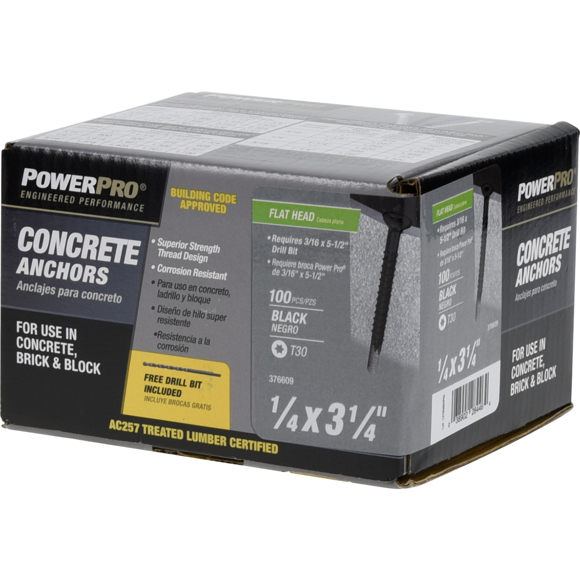 Power Pro Black Flat-Head Concrete Screw Anchor (1/4 in. x 3-1/4 in.) - 100 pc