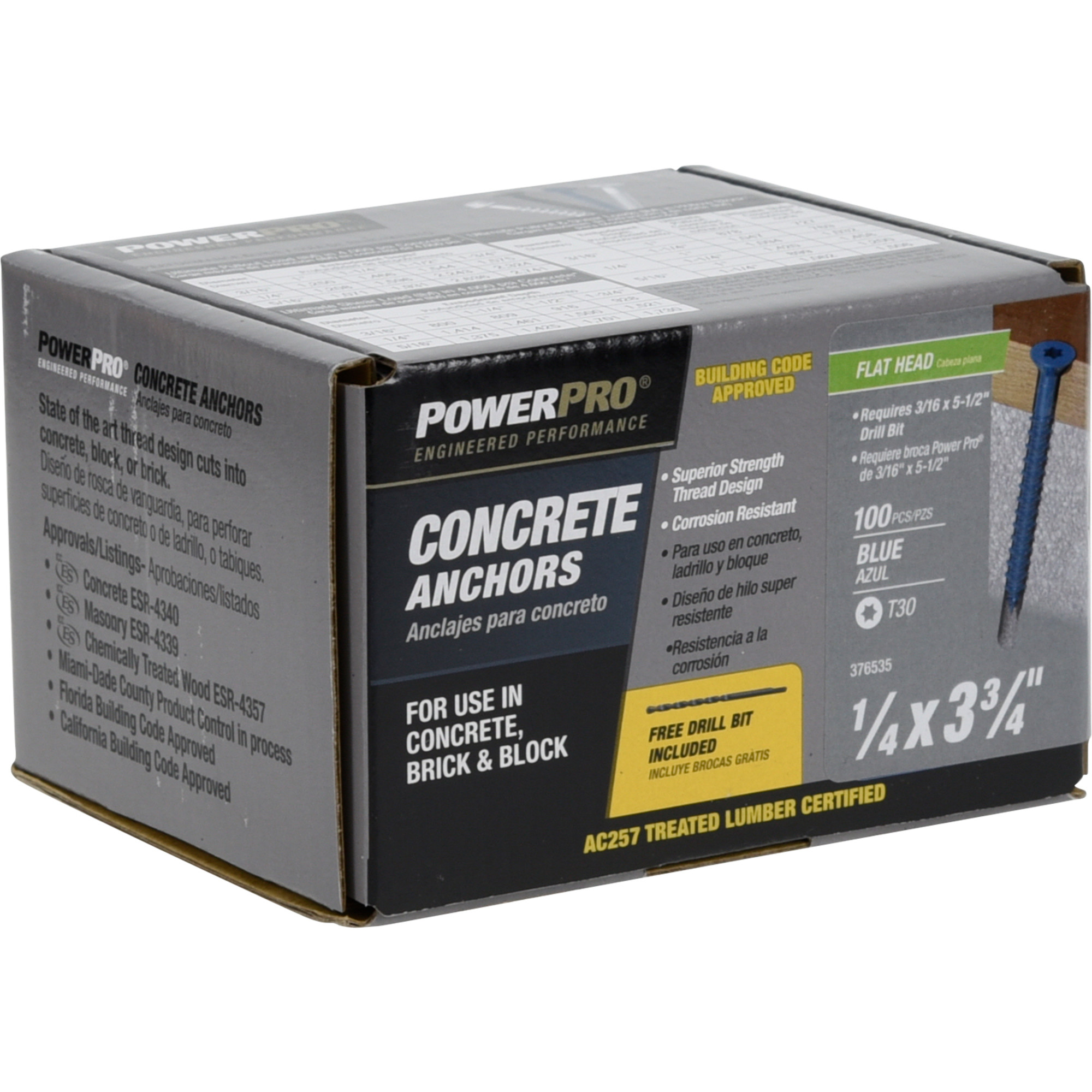 Power Pro Blue Flat-Head Concrete Screw Anchor (1/4 in. x 3-3/4 in.) - 100 pc