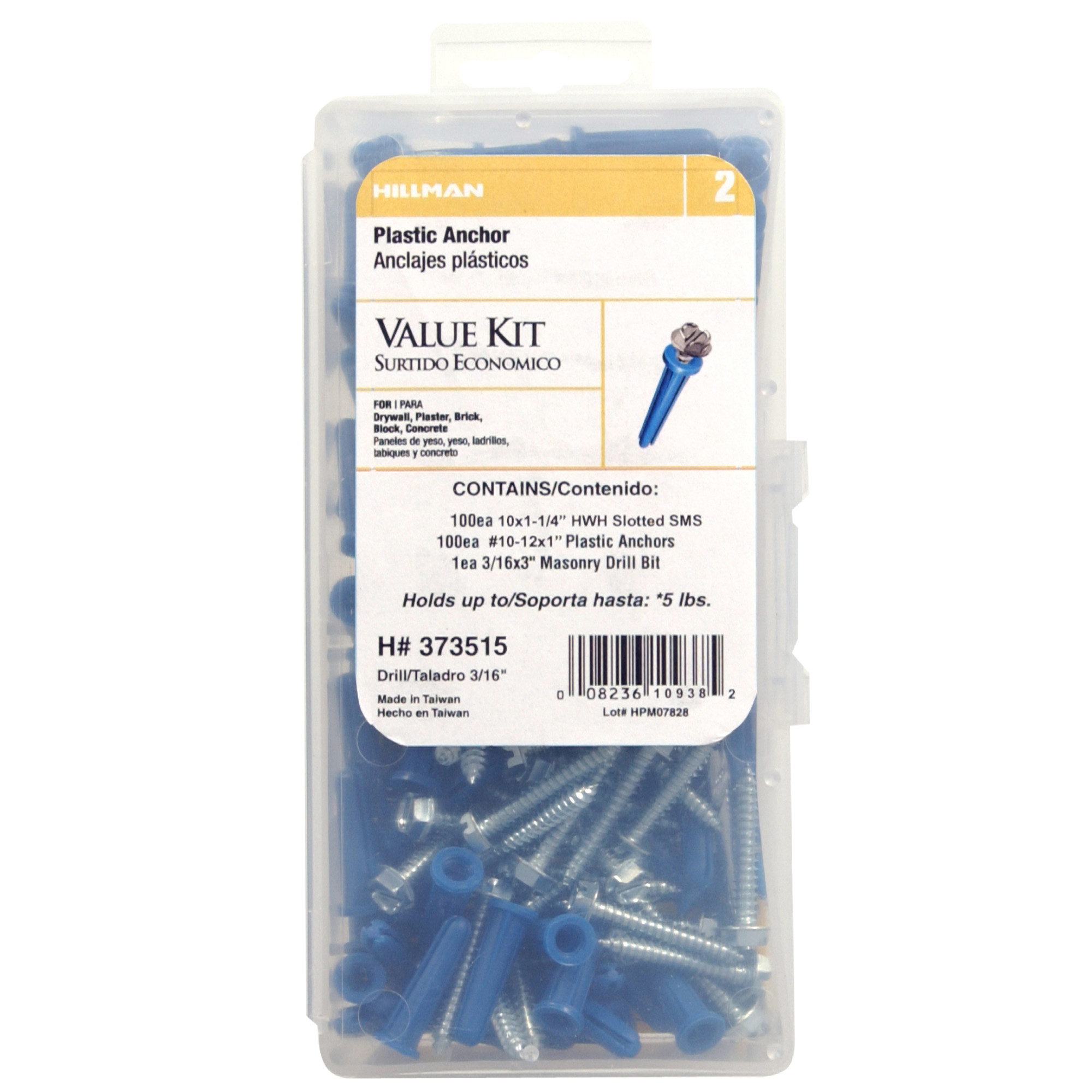Hillman Blue Conical Plastic Anchor w/ Hex Washer-Head Screws Kit (#10-12 x 1 in.)-201 pc