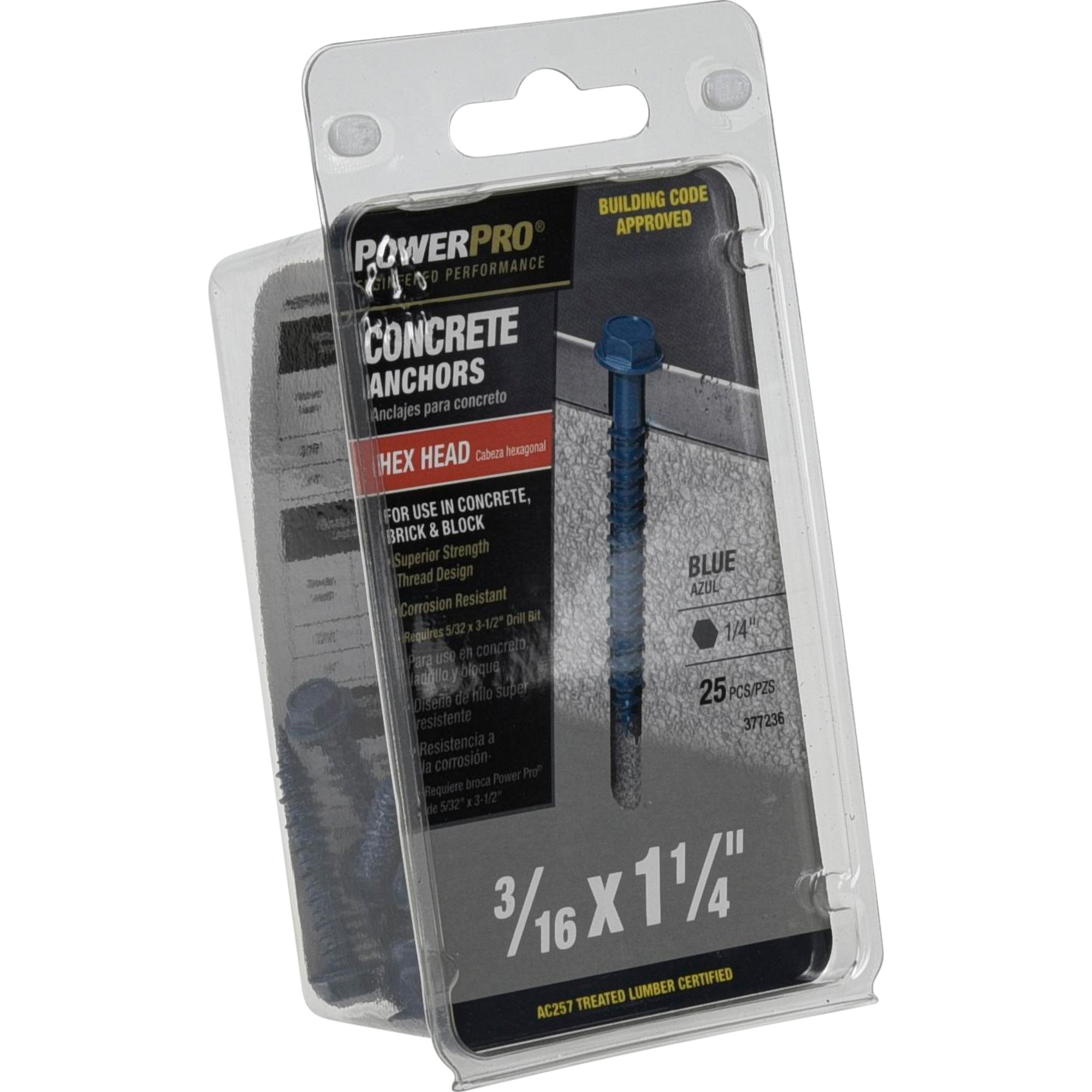 Power Pro Blue Hex Washer-Head Concrete Screw Anchor (3/16 in. x 1-1/4 in.) - 25 pc