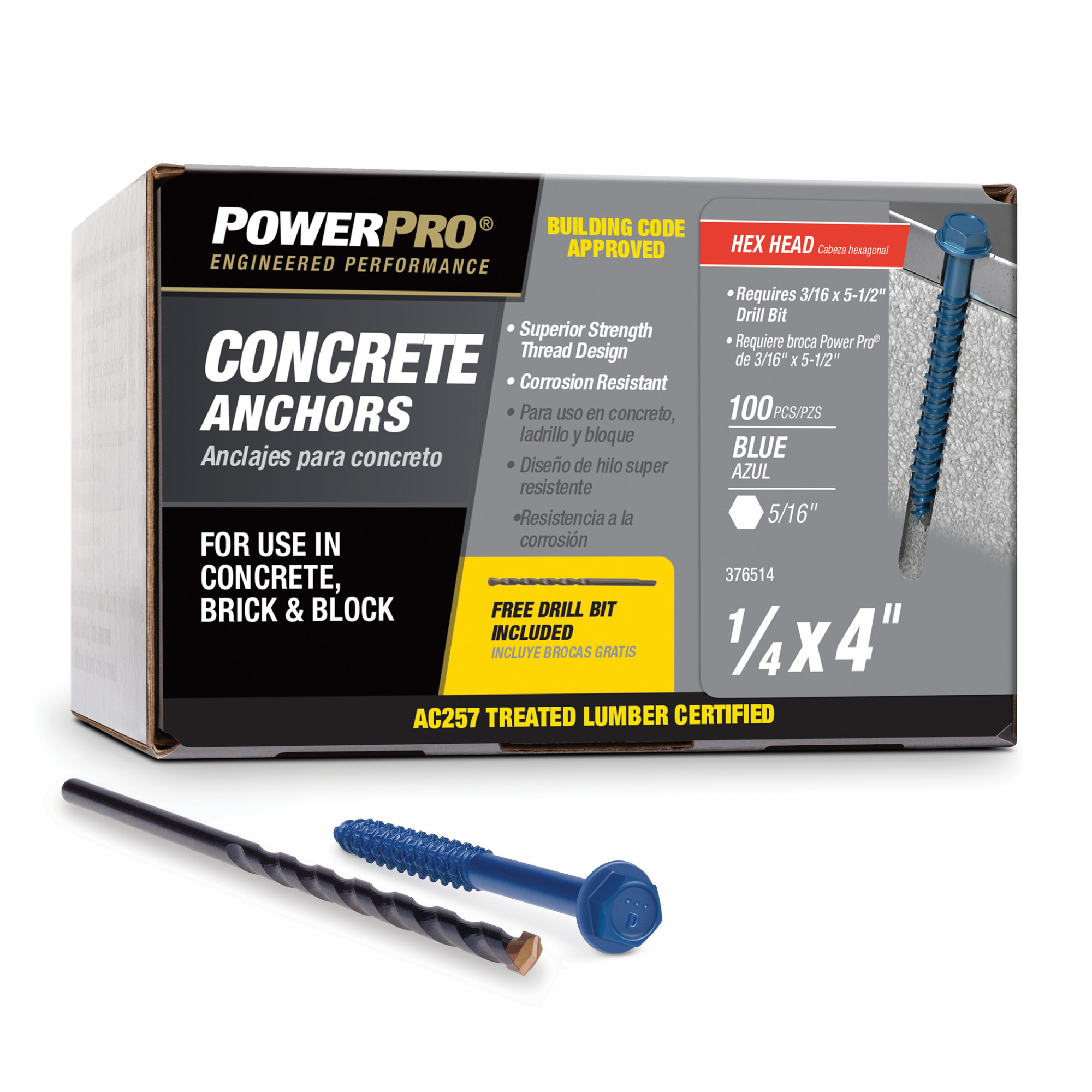 Power Pro Blue Hex Washer-Head Concrete Screw Anchor (1/4 in. x 4 in.) - 100 pc
