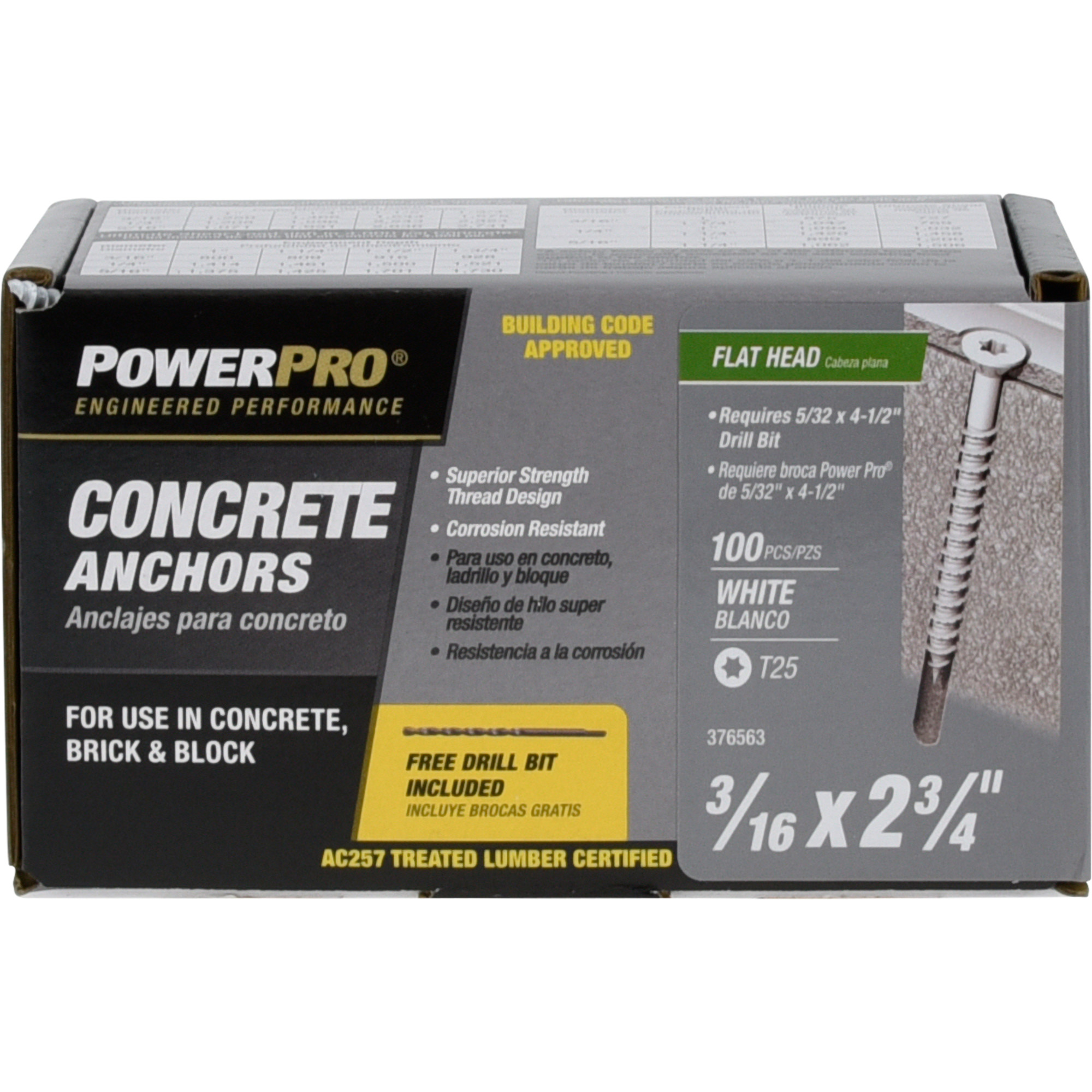 Power Pro White Flat-Head Concrete Screw Anchor (3/16 in. x 2-3/4 in.) - 100 pc