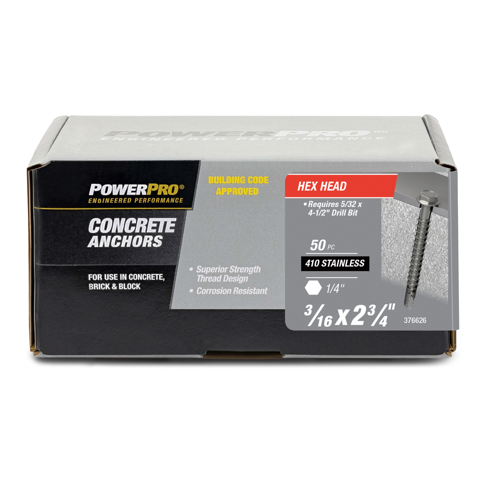 Power Pro 410 Stainless Hex Washer Concrete Screw Anchor (3/16 in. x 2-3/4 in.)100pc