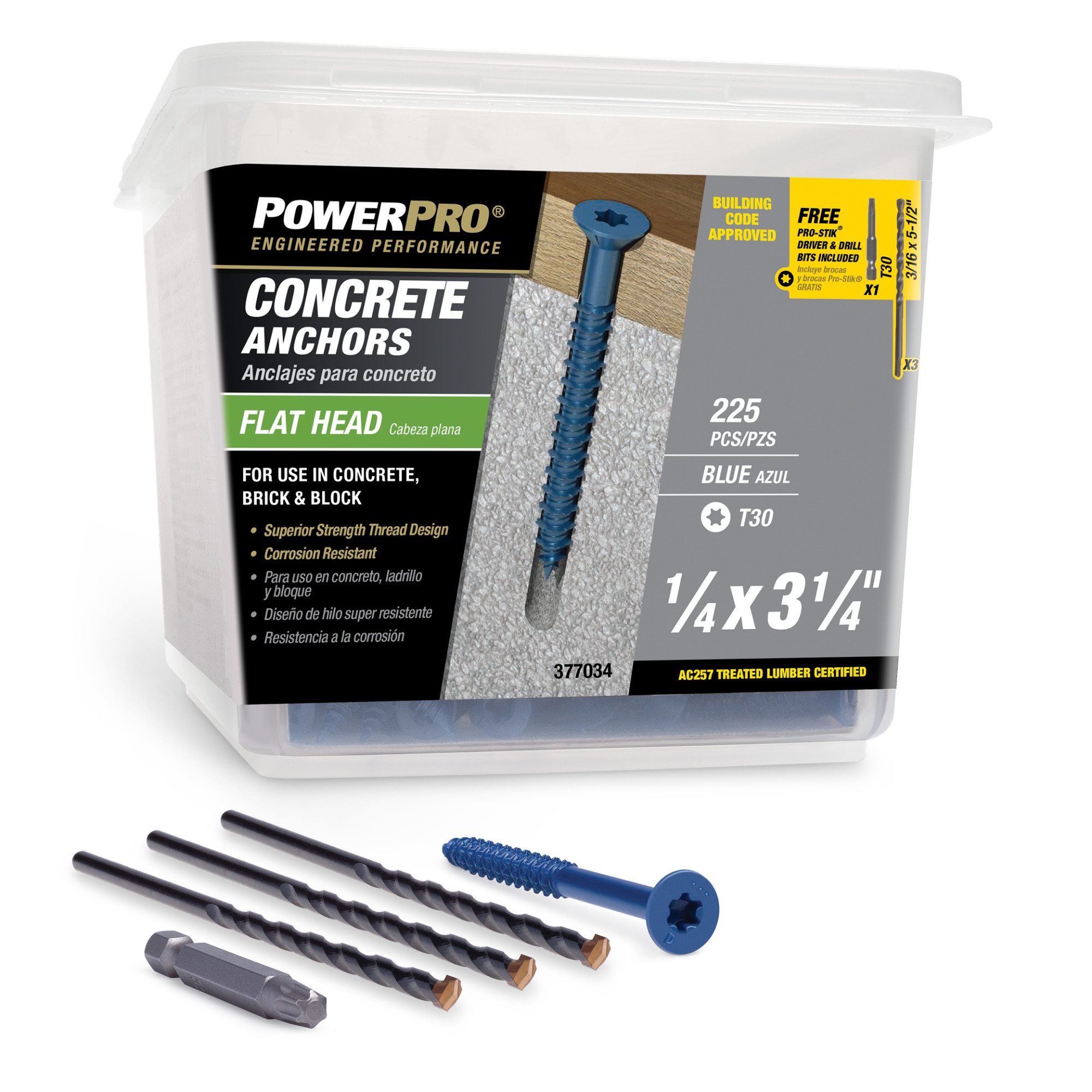 Power Pro Blue Flat-Head Concrete Screw Anchor (1/4 in. x 3-1/4 in.) - 225 pc