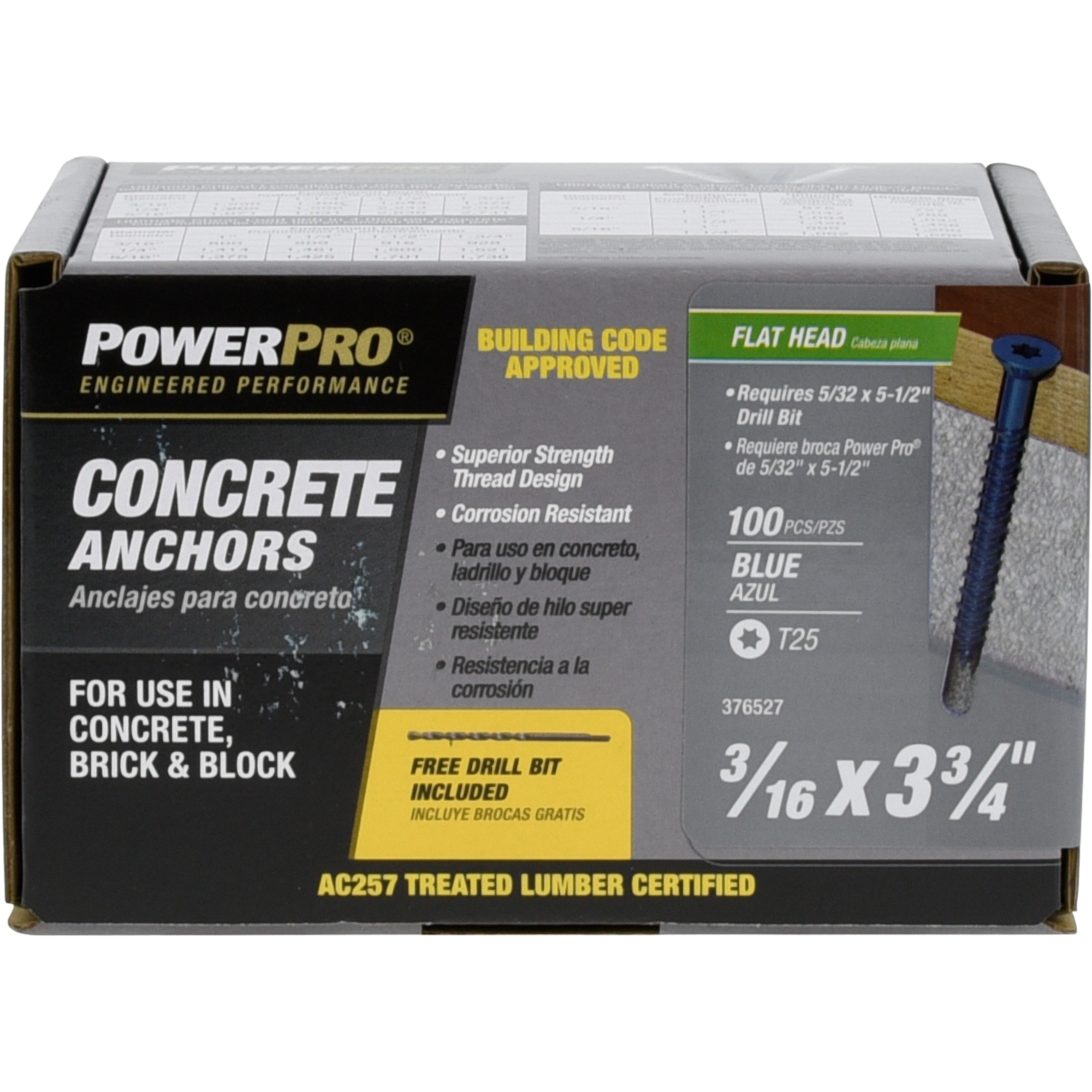 Power Pro Blue Flat-Head Concrete Screw Anchor (3/16 in. x 3-3/4 in.) - 100 pc