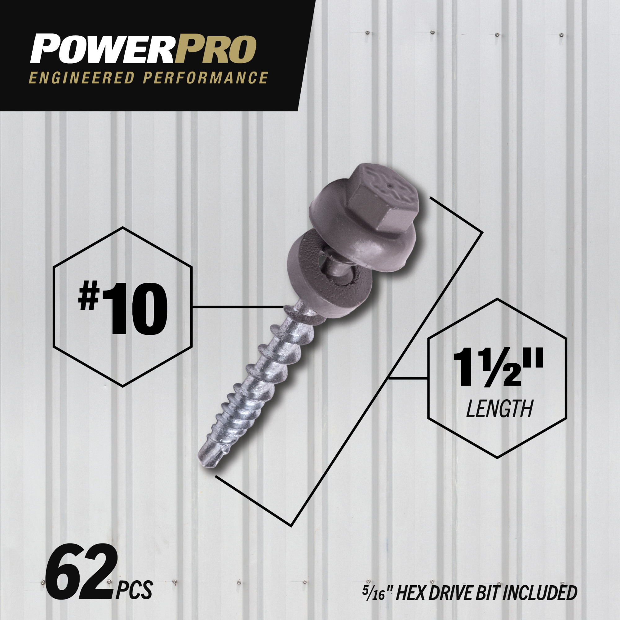 Power Pro Gray Self Drilling Metal-to-Wood Roofing Screws (#10 x 1-1/2 in.)-62 pc