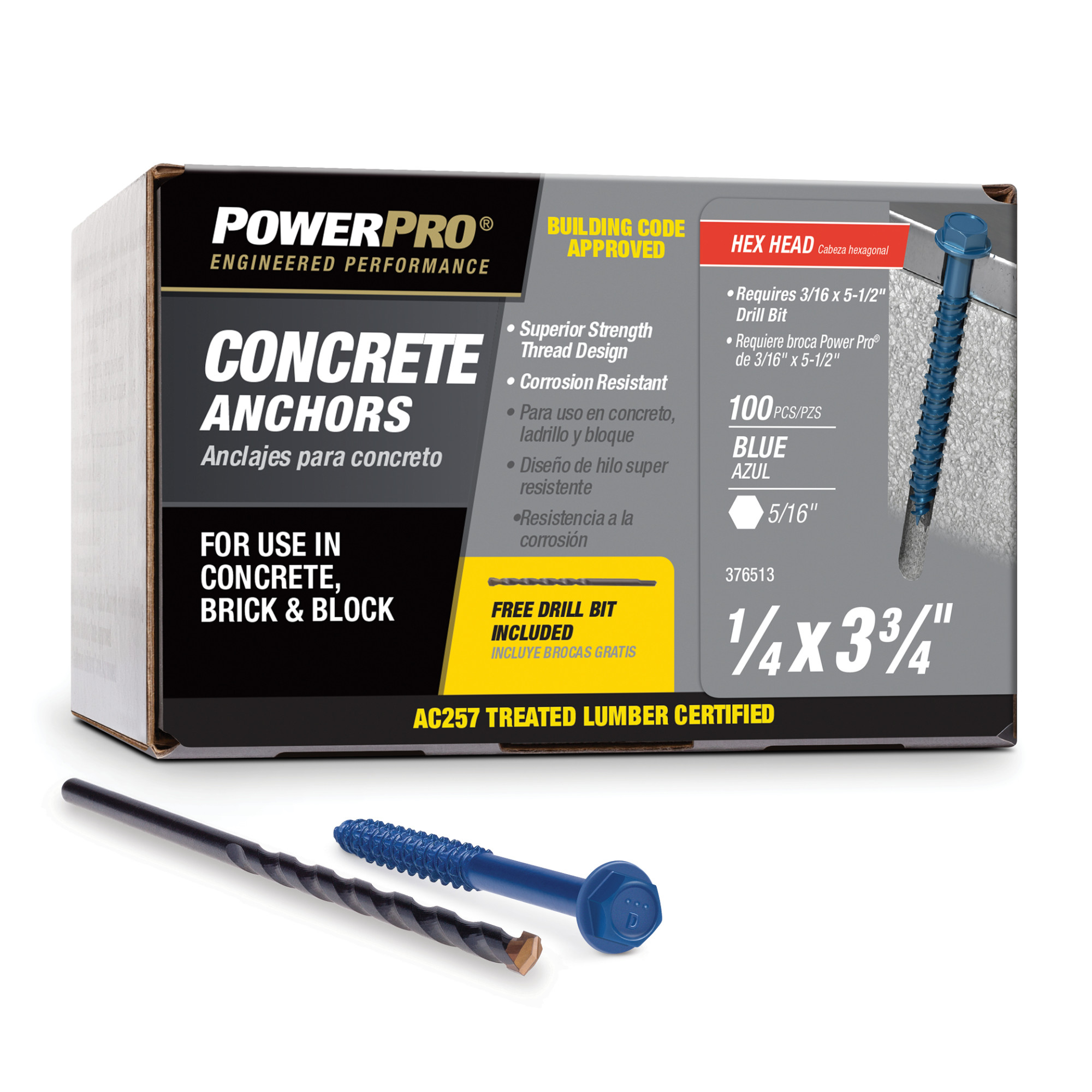 Power Pro Blue Hex Washer-Head Concrete Screw Anchor (1/4 in. x 3-3/4 in.) - 100 pc