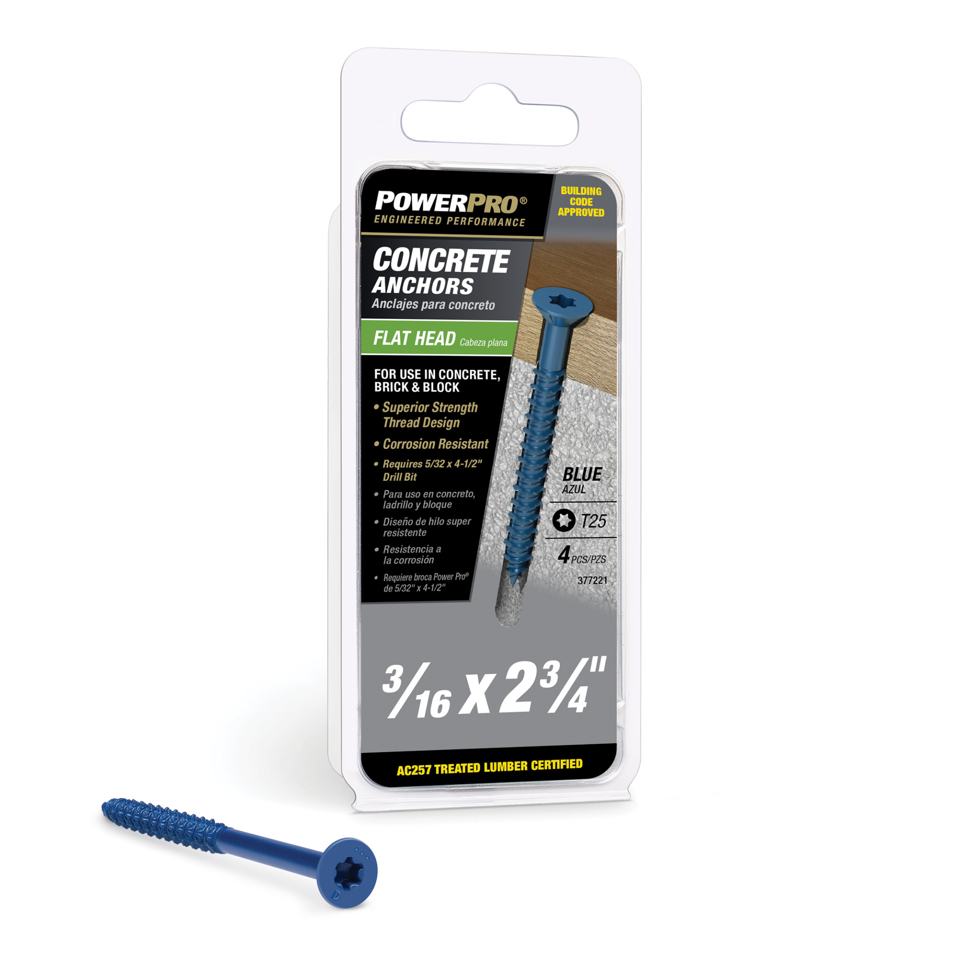 Power Pro Blue Flat-Head Concrete Screw Anchor (3/16 in. x 2-3/4 in.) - 4 pc