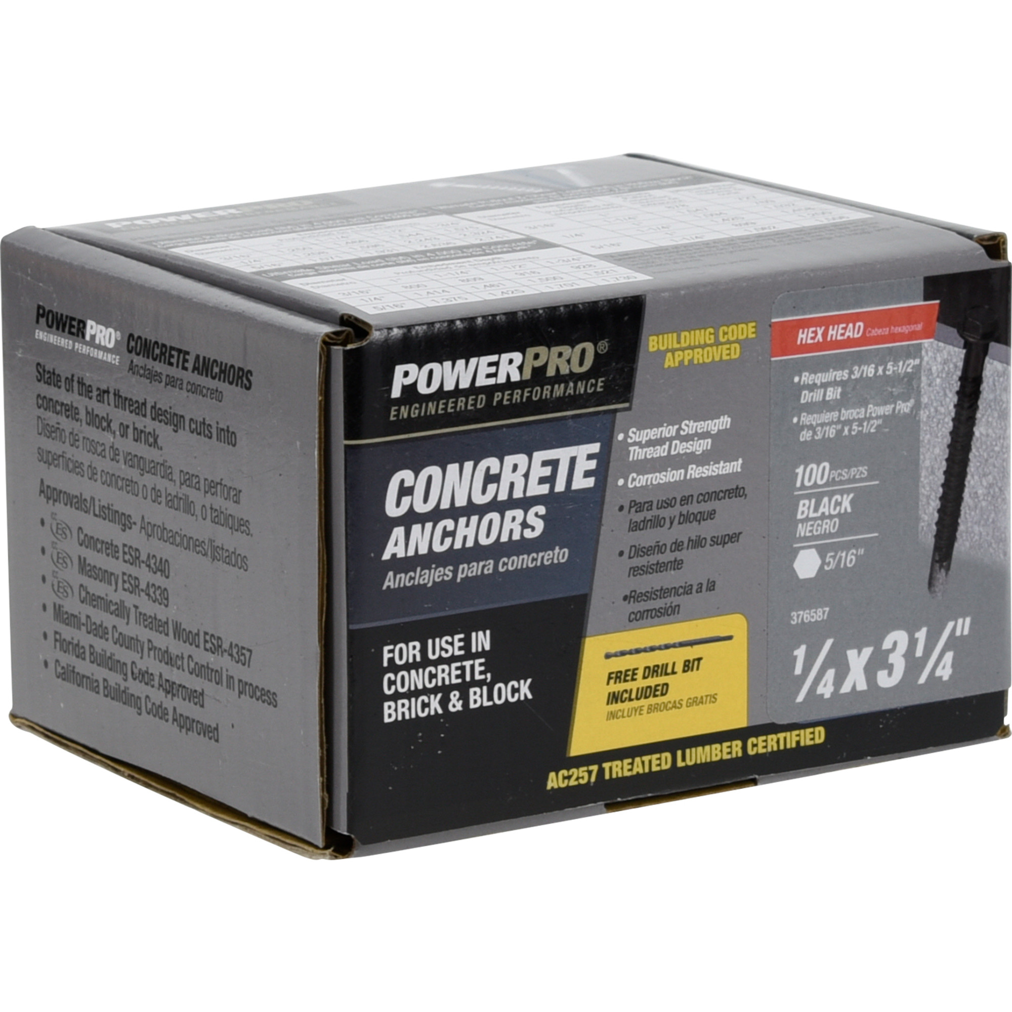 Power Pro Black Hex Washer-Head Concrete Screw Anchor (1/4 in. x 3-1/4 in.) - 100 pc