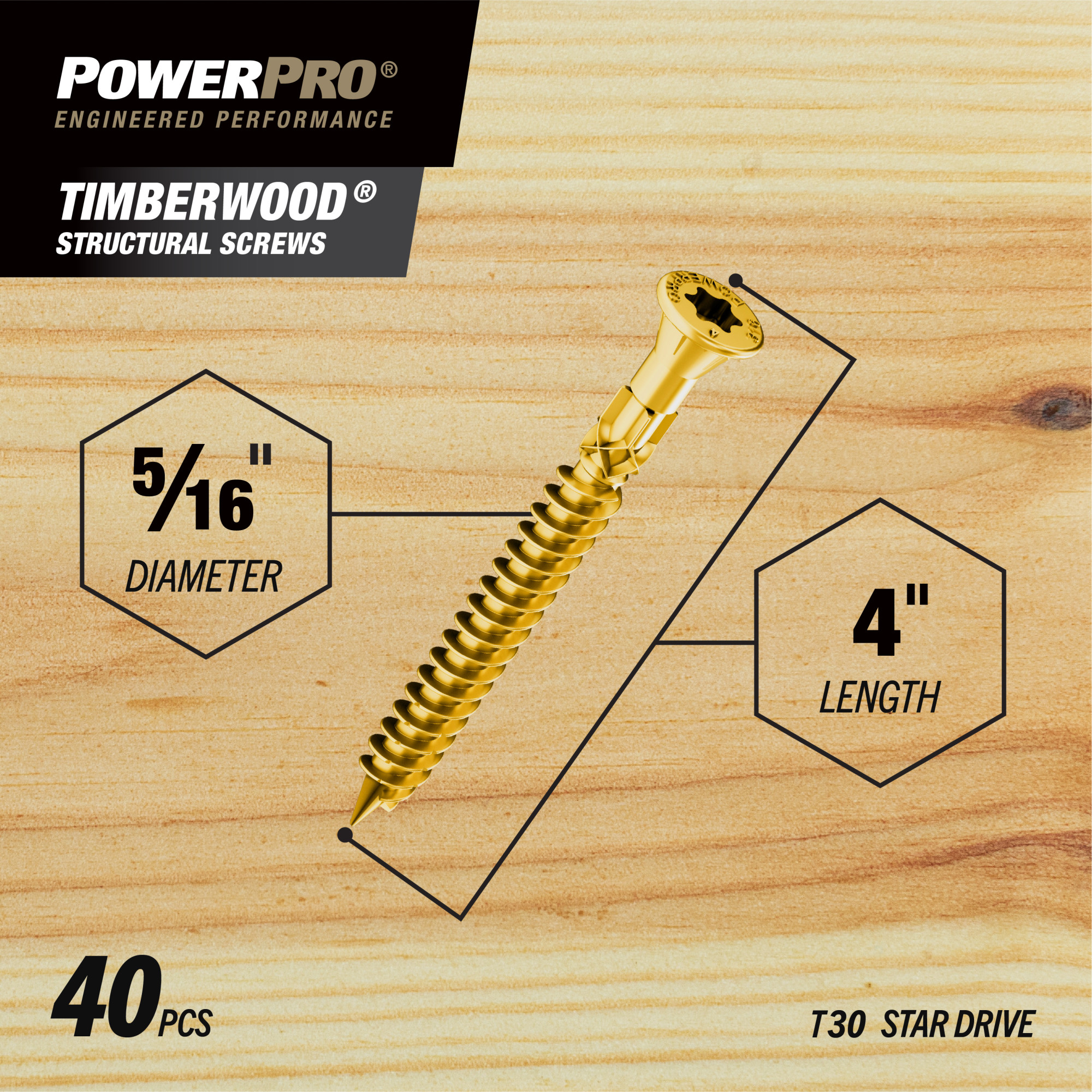 Power Pro TimberWood Bronze Structural Screws (5/16 in. x 4 in.) - 40pc