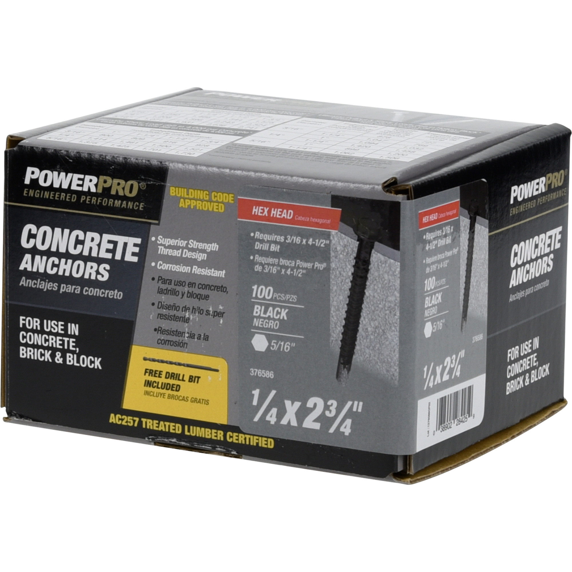 Power Pro Black Hex Washer-Head Concrete Screw Anchor (1/4 in. x 2-3/4 in.) - 100 pc