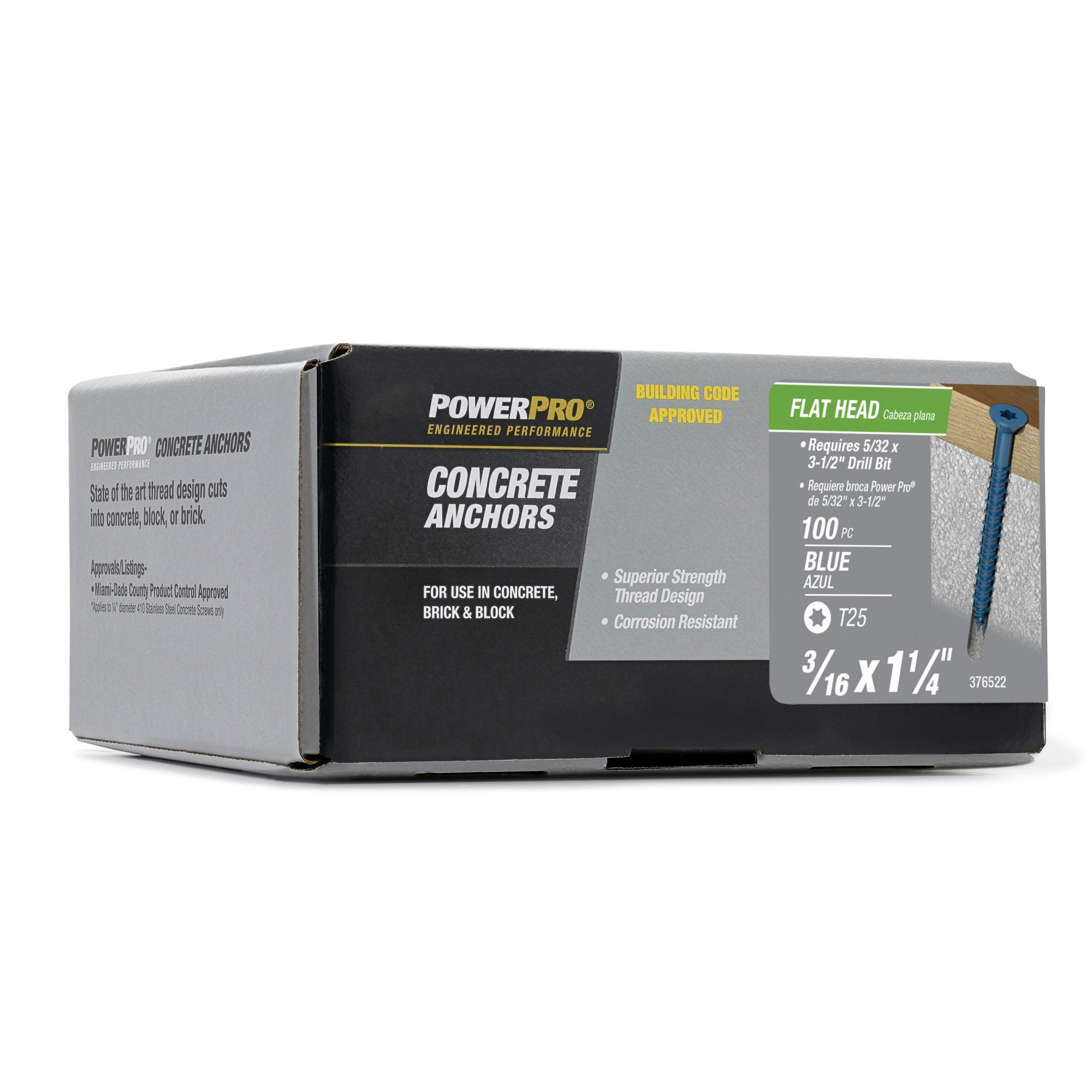 Power Pro Blue Flat-Head Concrete Screw Anchor (3/16 in. x 1-1/4 in.) - 100 pc