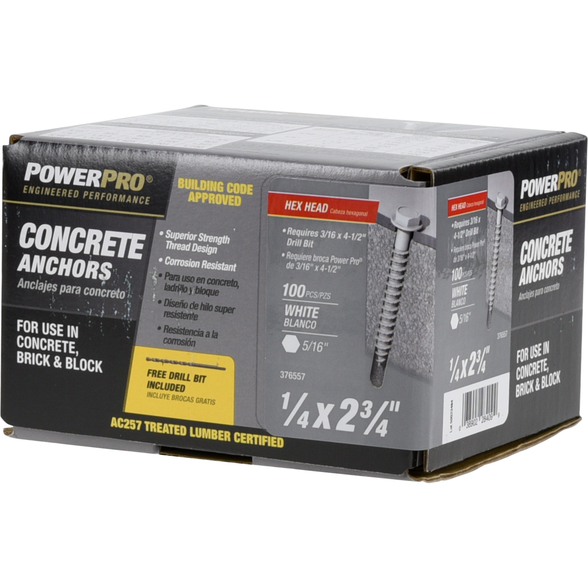 Power Pro White Hex Washer-Head Concrete Screw Anchor (1/4 in. x 2-3/4 in.) - 100 pc