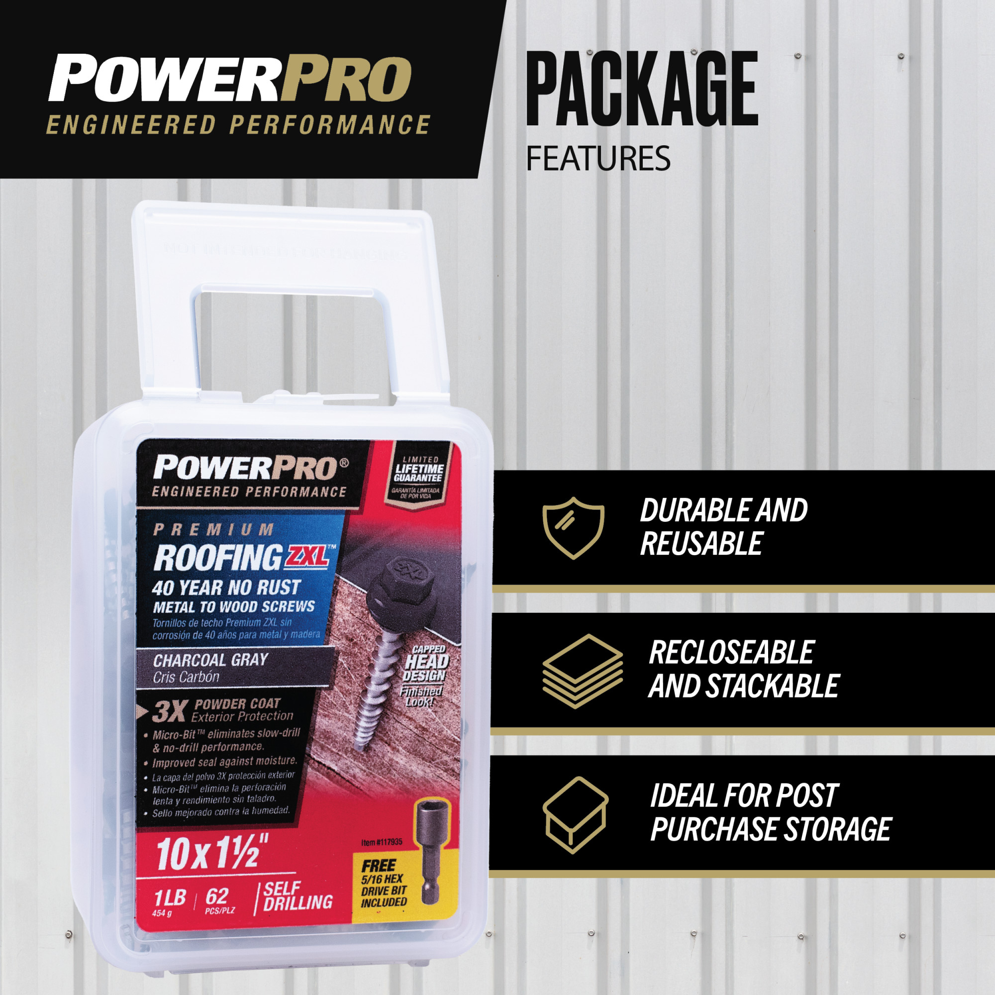 Power Pro Gray Self Drilling Metal-to-Wood Roofing Screws (#10 x 1-1/2 in.)-62 pc