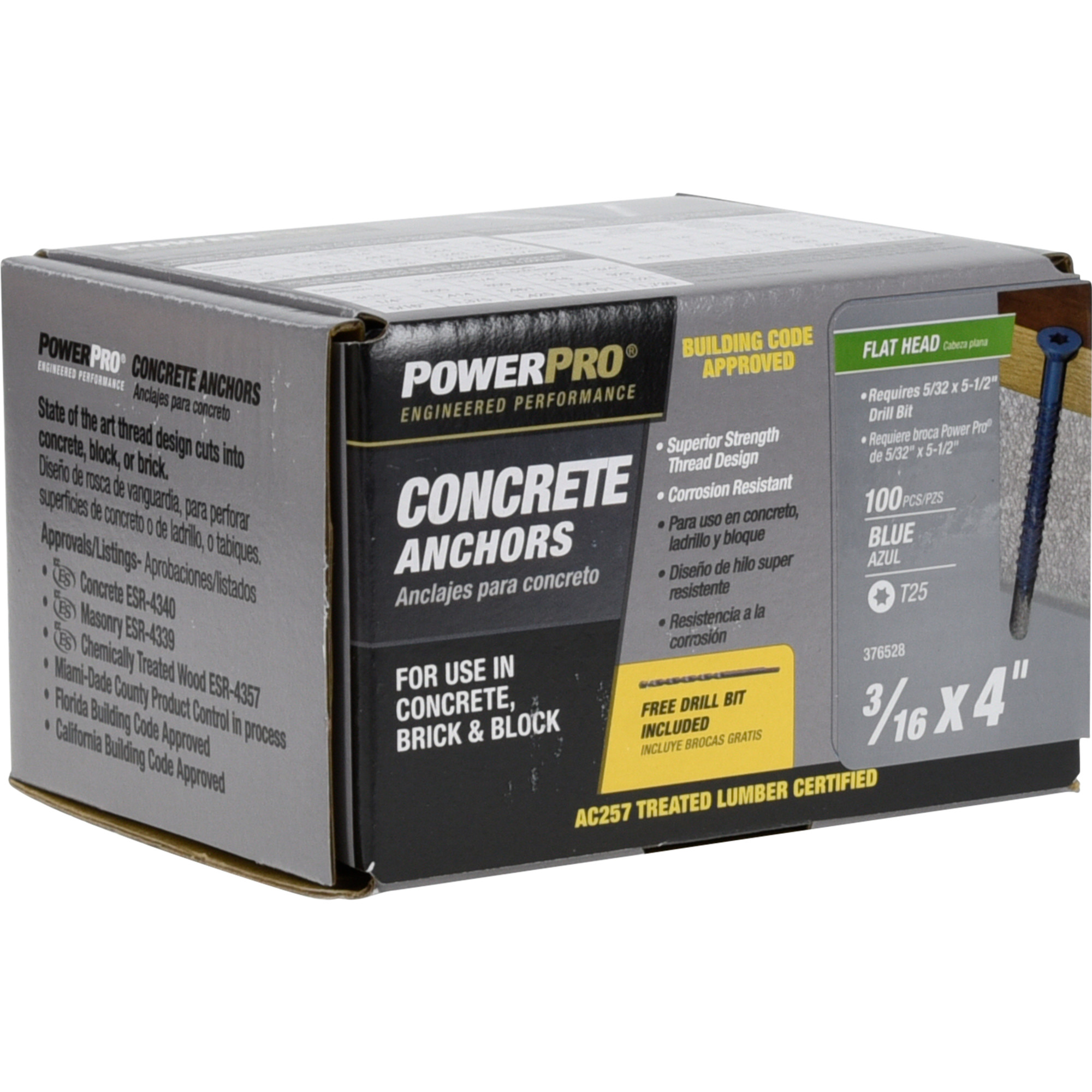 Power Pro Blue Flat-Head Concrete Screw Anchor (3/16 in. x 4 in.) - 100 pc