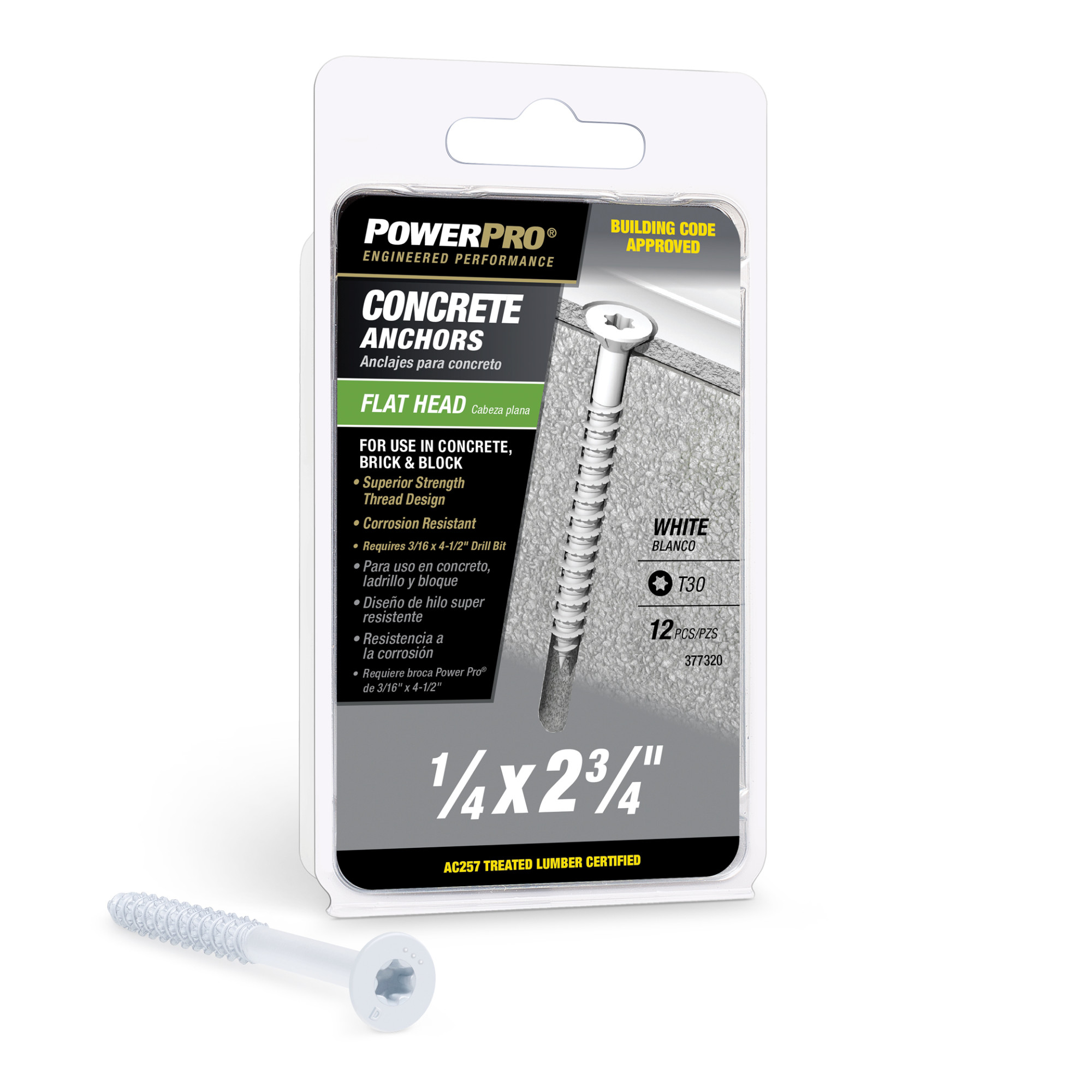Power Pro White Flat-Head Concrete Screw Anchor (1/4 in. x 2-3/4 in.) - 12 pc