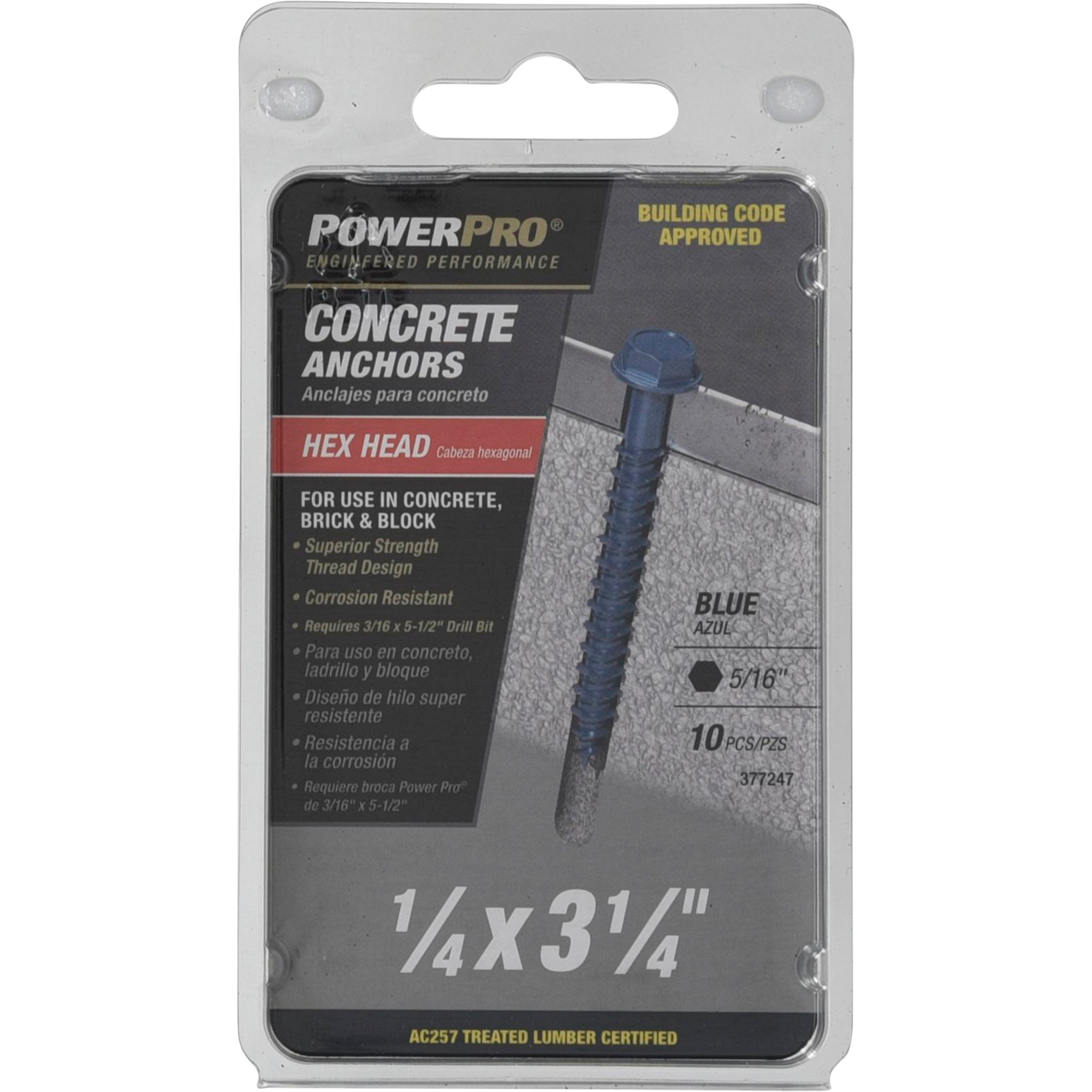 Power Pro Blue Hex Washer-Head Concrete Screw Anchor (1/4 in. x 3-1/4 in.) - 10 pc