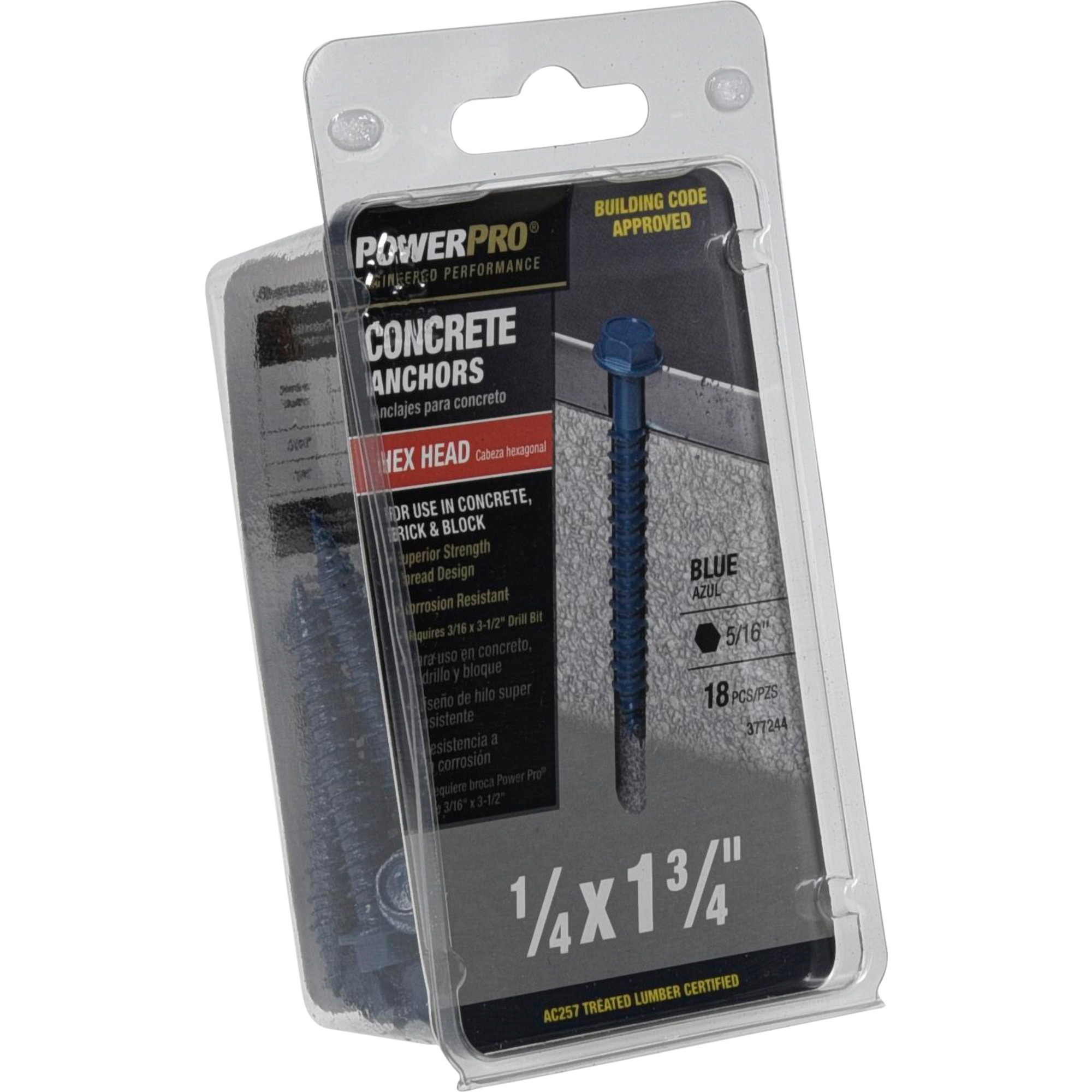 Power Pro Blue Hex Washer-Head Concrete Screw Anchor (1/4 in. x 1-3/4 in.) - 18 pc