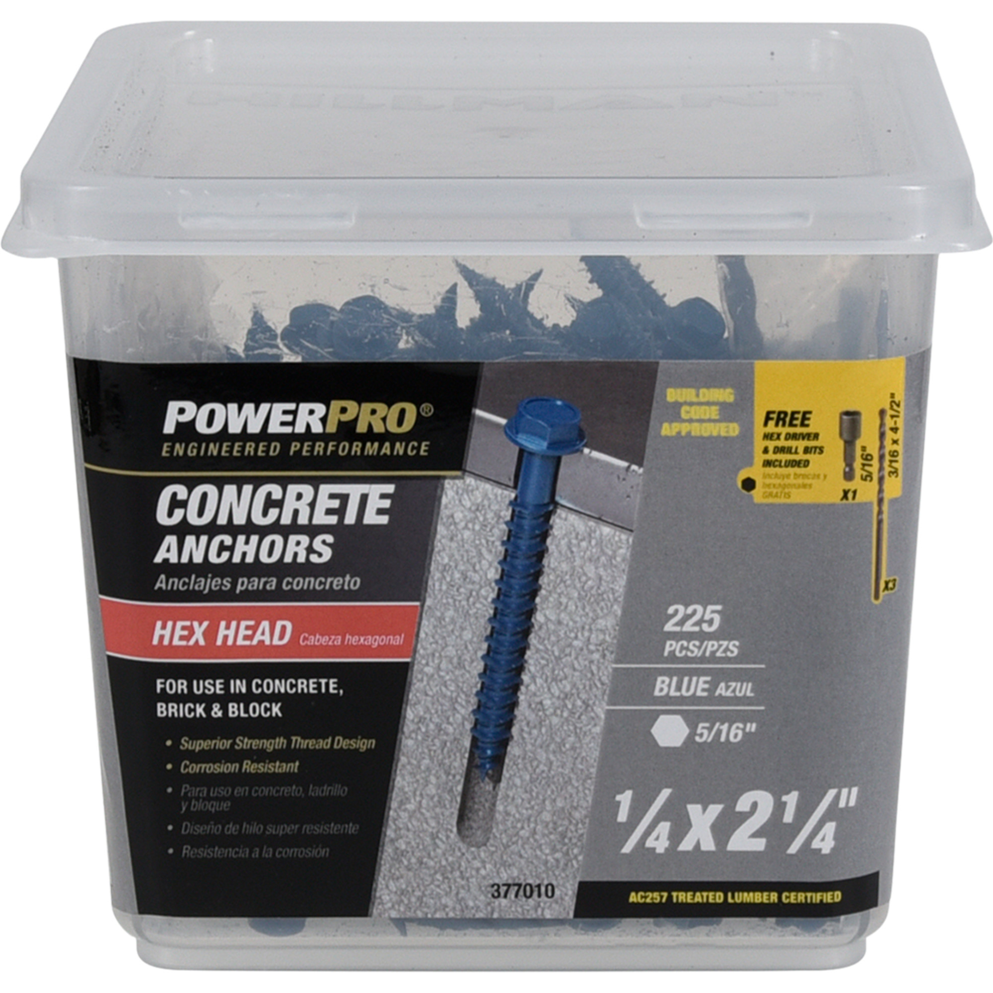 Power Pro Blue Hex Washer-Head Concrete Screw Anchor (1/4 in. x 2-1/4 in.) - 225 pc
