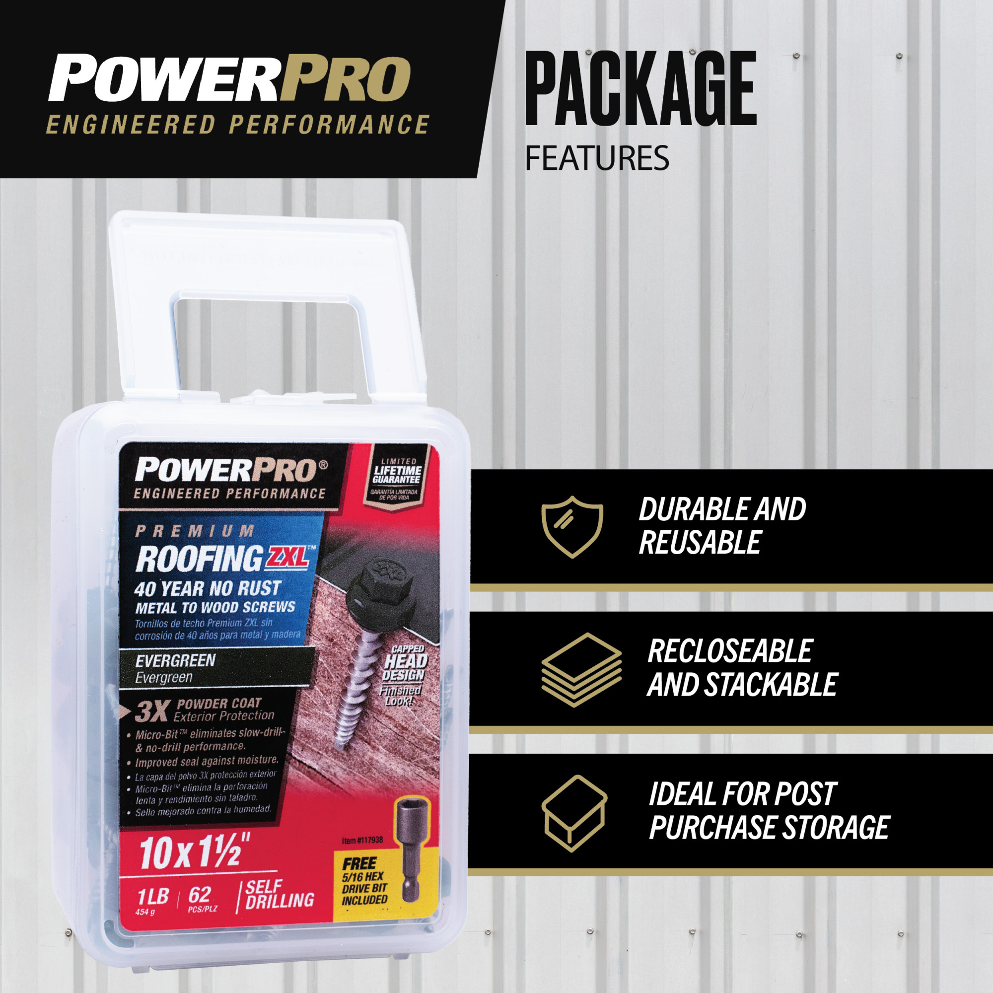 Power Pro Green Self Drilling Metal-to-Wood Roofing Screws (#10 x 1-1/2 in.)-62 pc