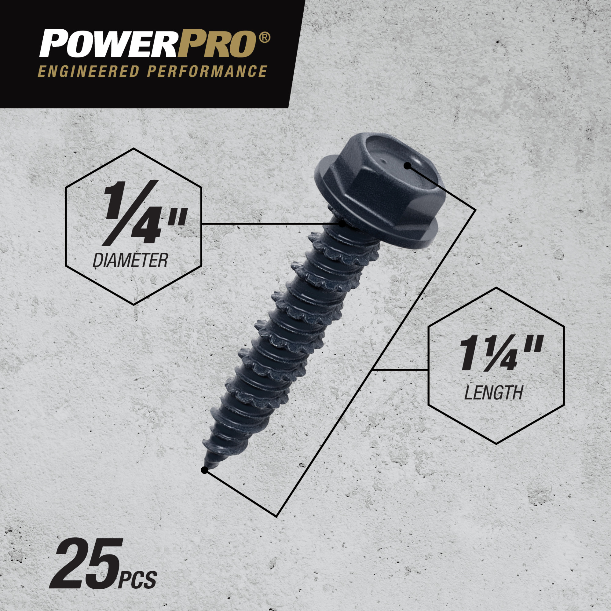 Power Pro Black Hex Washer-Head Concrete Screw Anchor (1/4 in. x 1-1/4 in.) - 25 pc