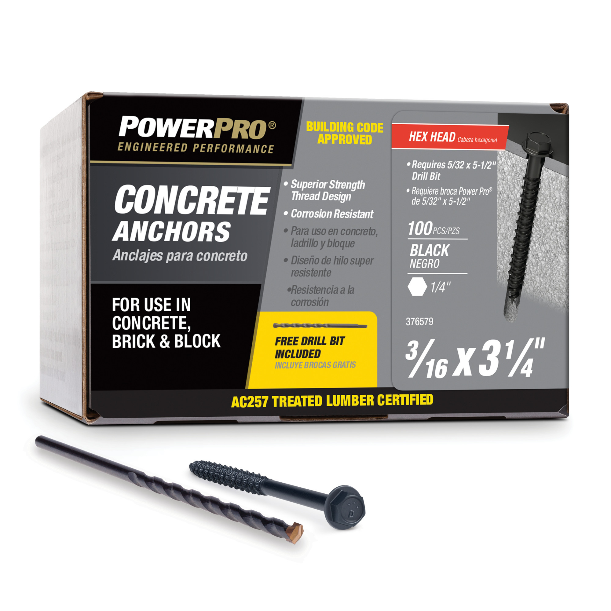 Power Pro Black Hex Washer-Head Concrete Screw Anchor (3/16 in. x 3-1/4 in.) - 100 pc