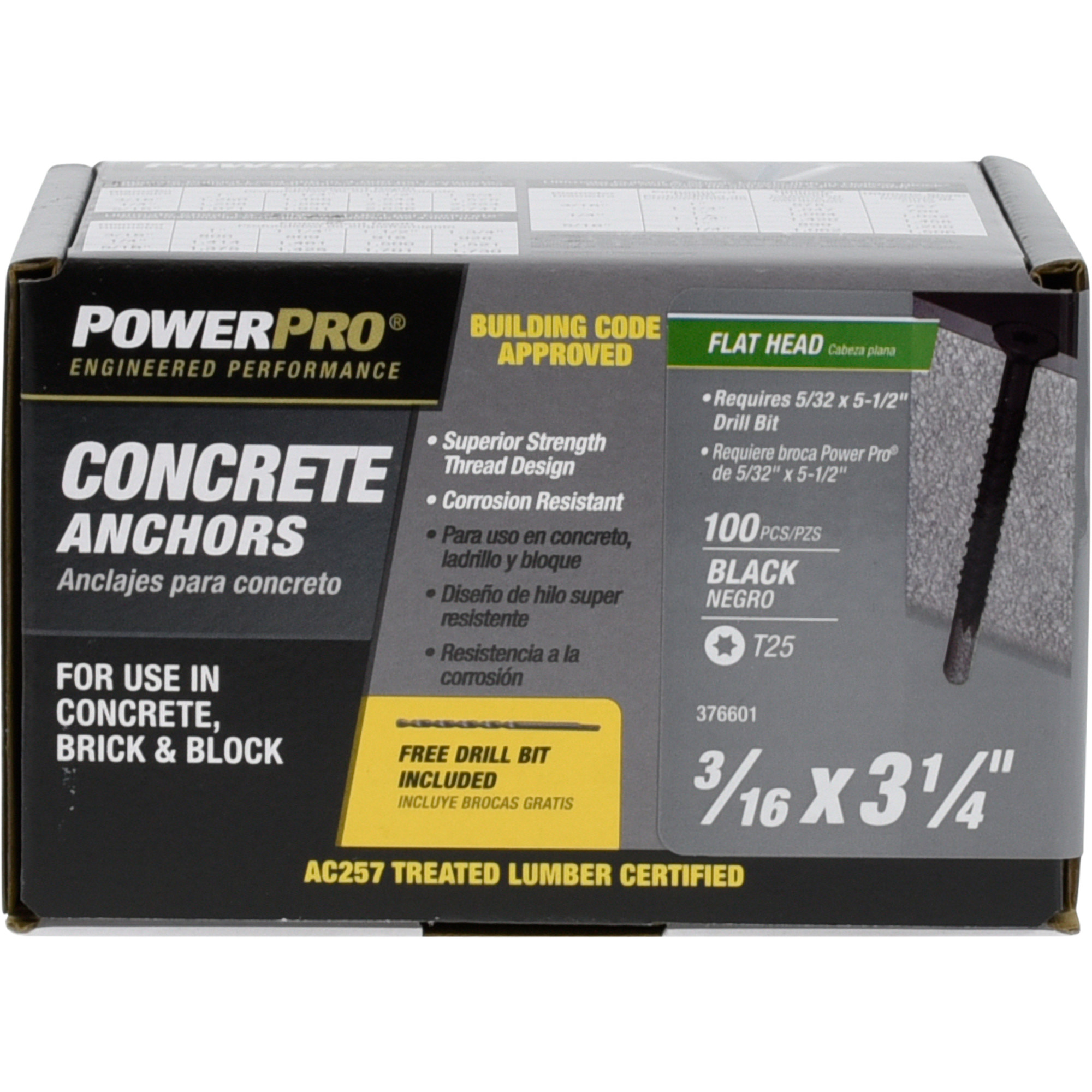Power Pro Black Flat-Head Concrete Screw Anchor (3/16 in. x 3-1/4 in.) - 100 pc