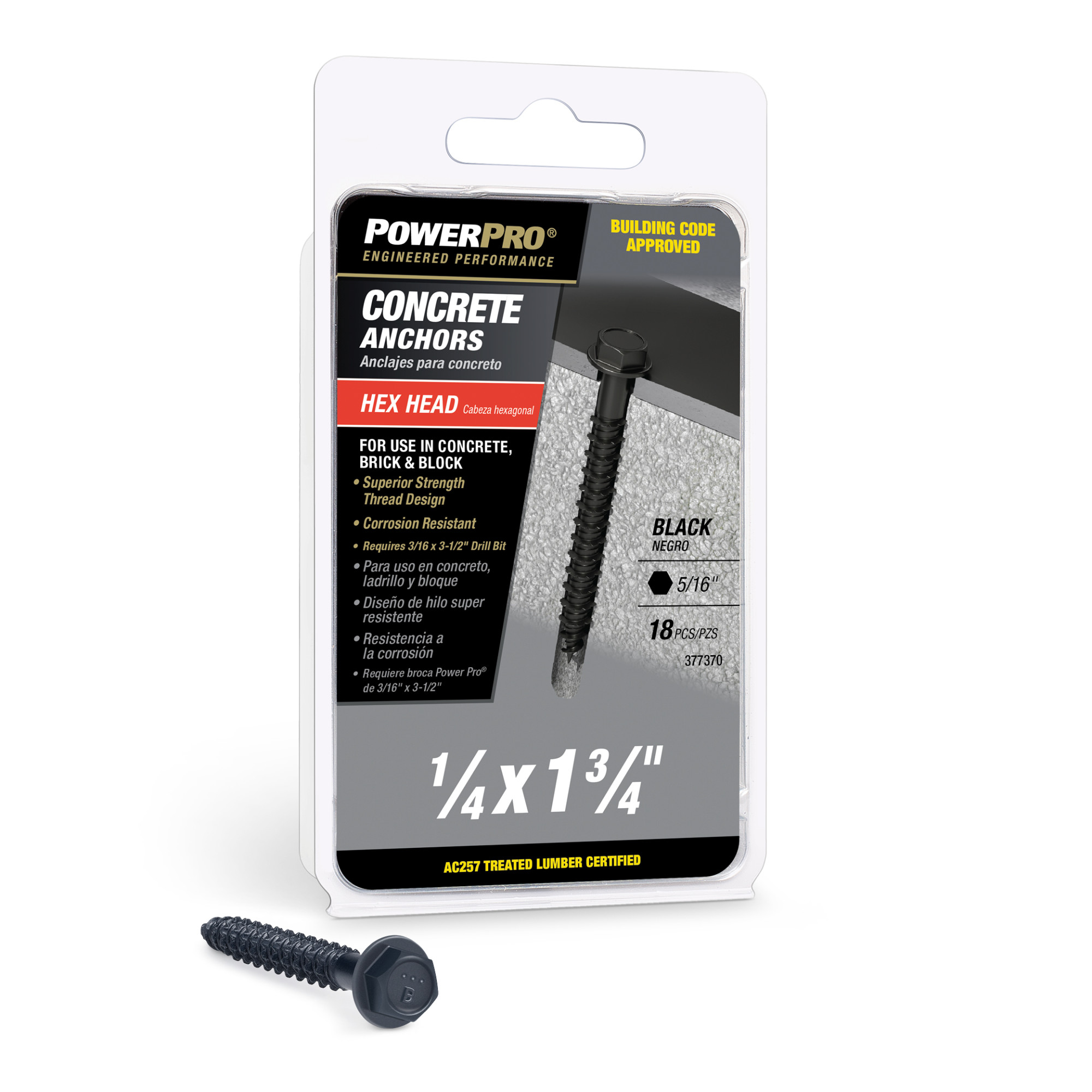 Power Pro Black Hex Washer-Head Concrete Screw Anchor (1/4 in. x 1-3/4 in.) - 18 pc