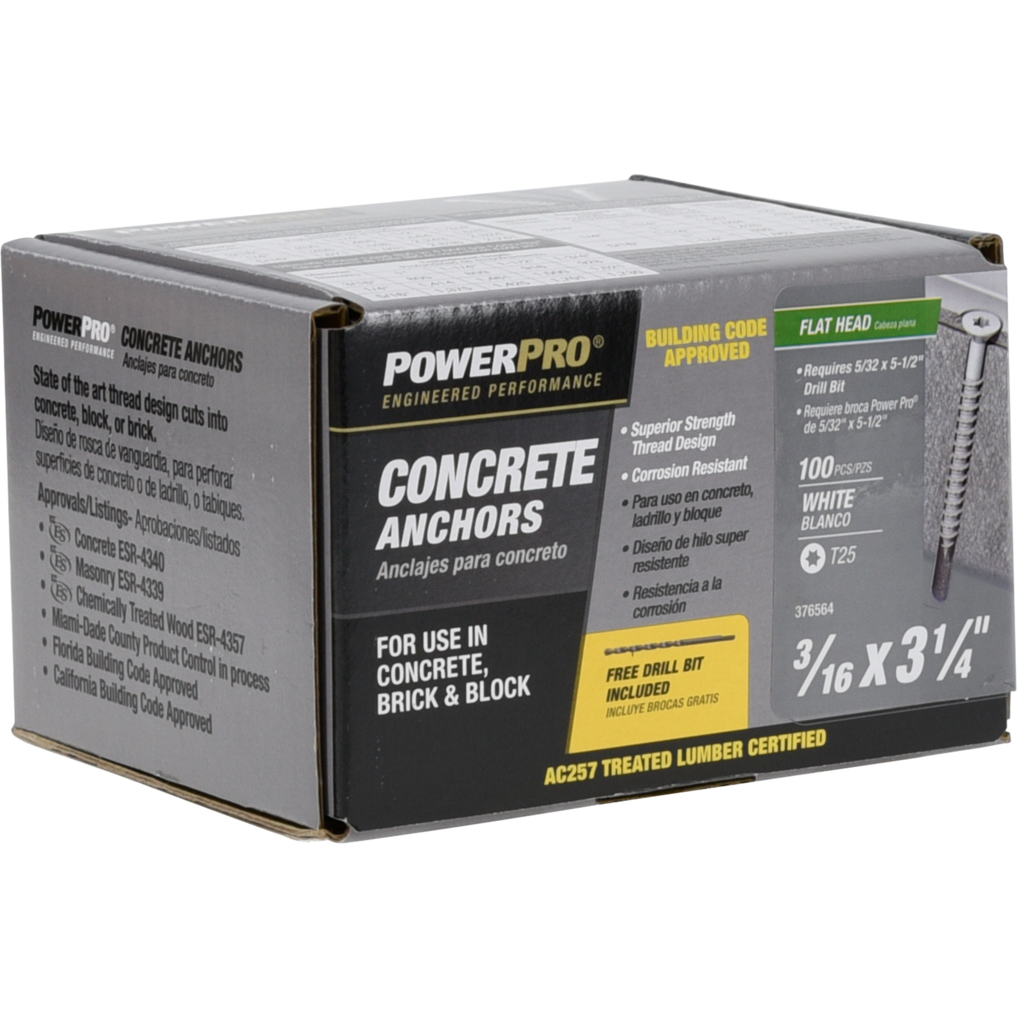 Power Pro White Flat-Head Concrete Screw Anchor (3/16 in. x 3-1/4 in.) - 100 pc