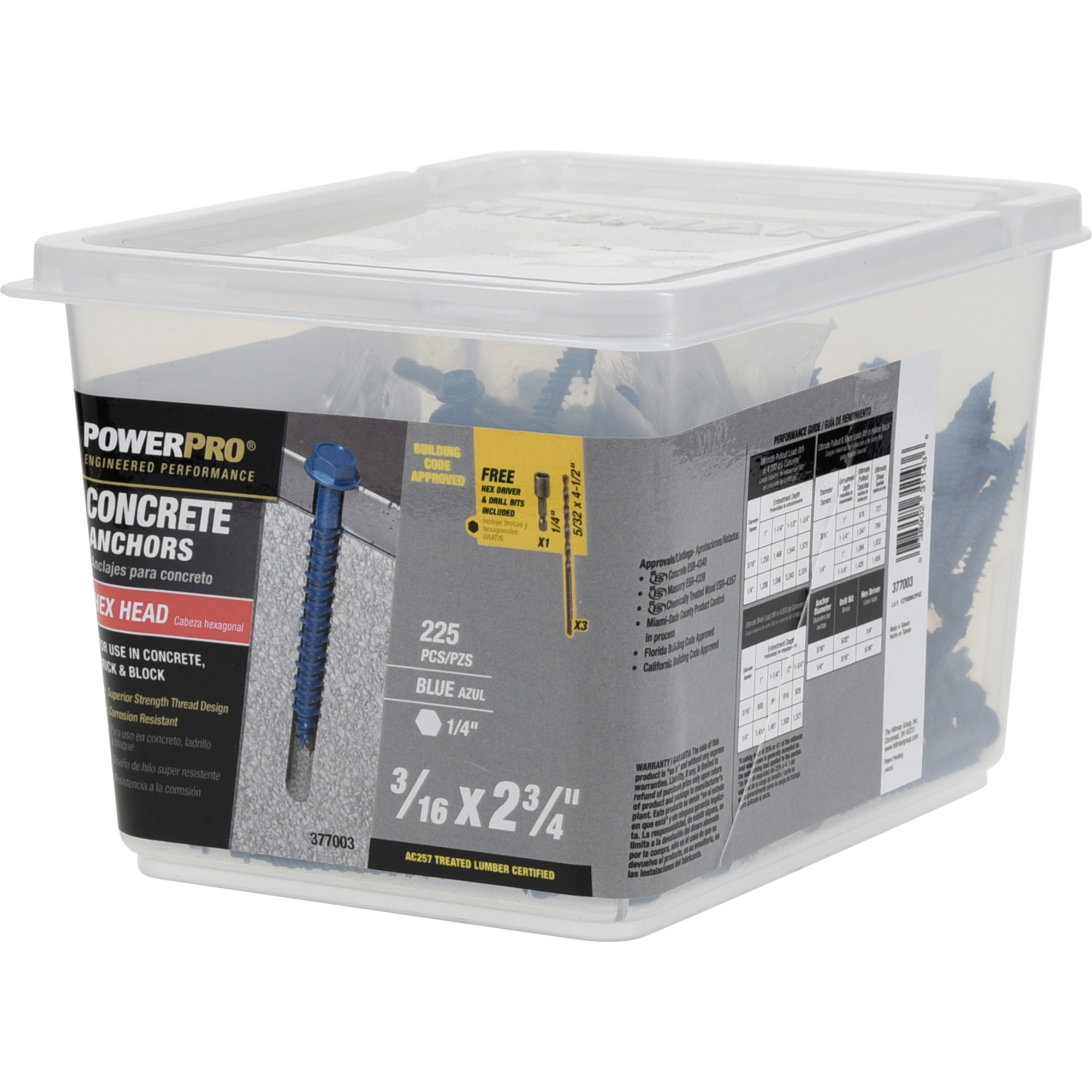 Power Pro Blue Hex Washer-Head Concrete Screw Anchor (3/16 in. x 2-3/4 in.) - 225 pc