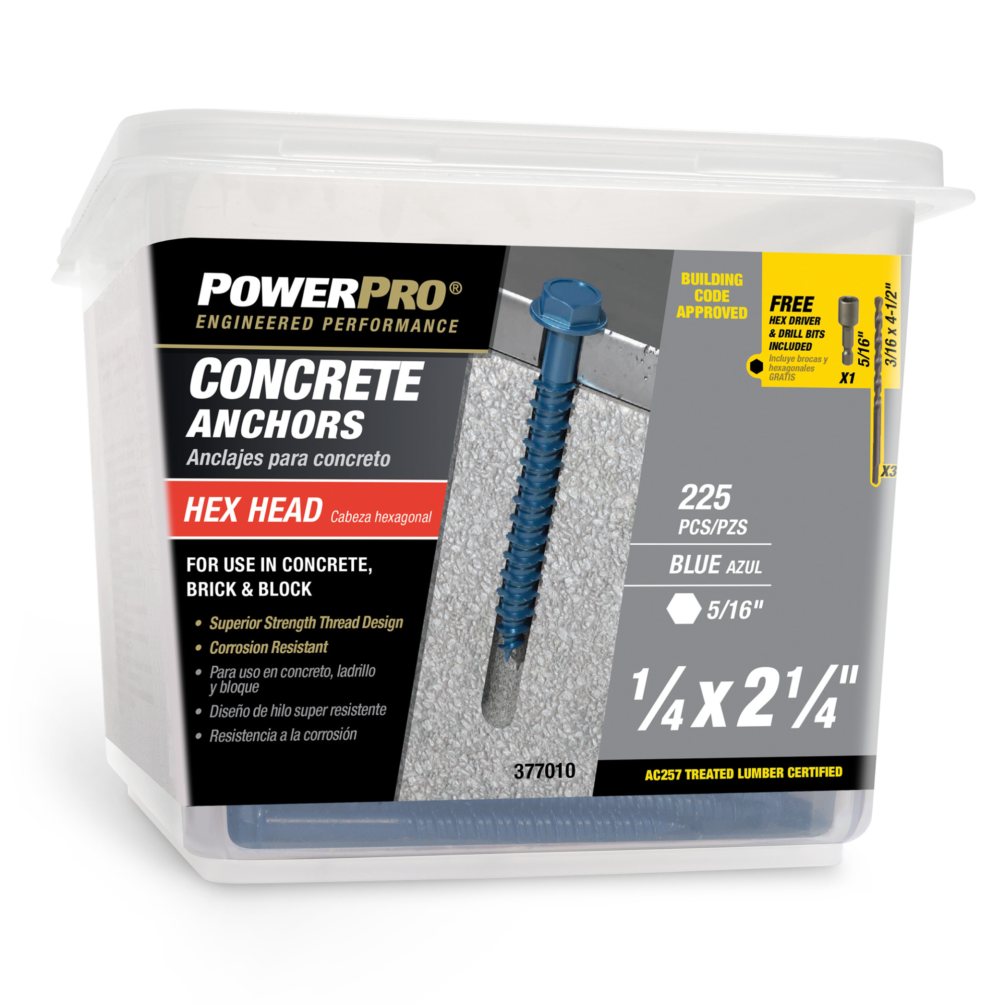 Power Pro Blue Hex Washer-Head Concrete Screw Anchor (1/4 in. x 2-1/4 in.) - 225 pc