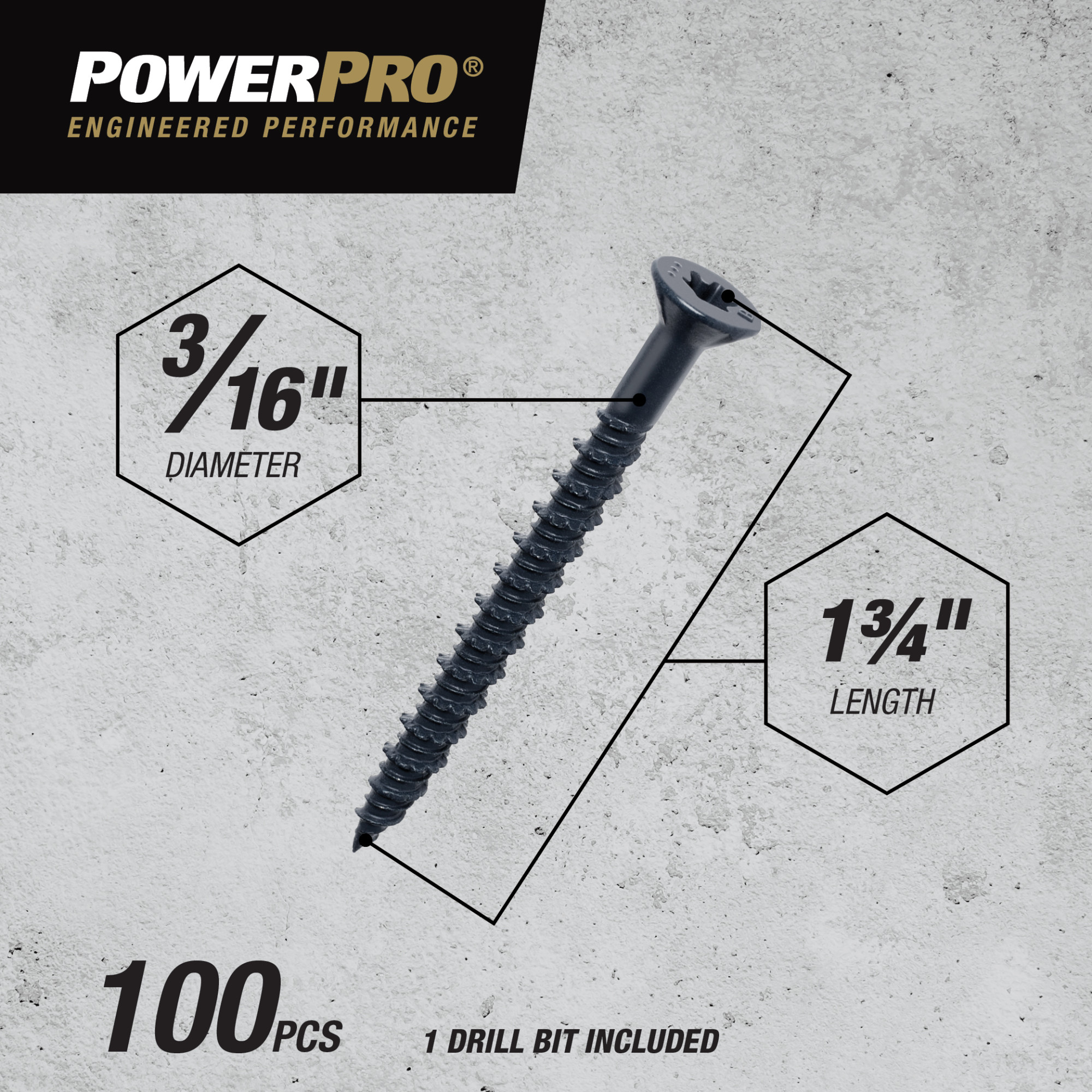 Power Pro Black Flat-Head Concrete Screw Anchor (3/16 in. x 1-3/4 in.) - 100 pc