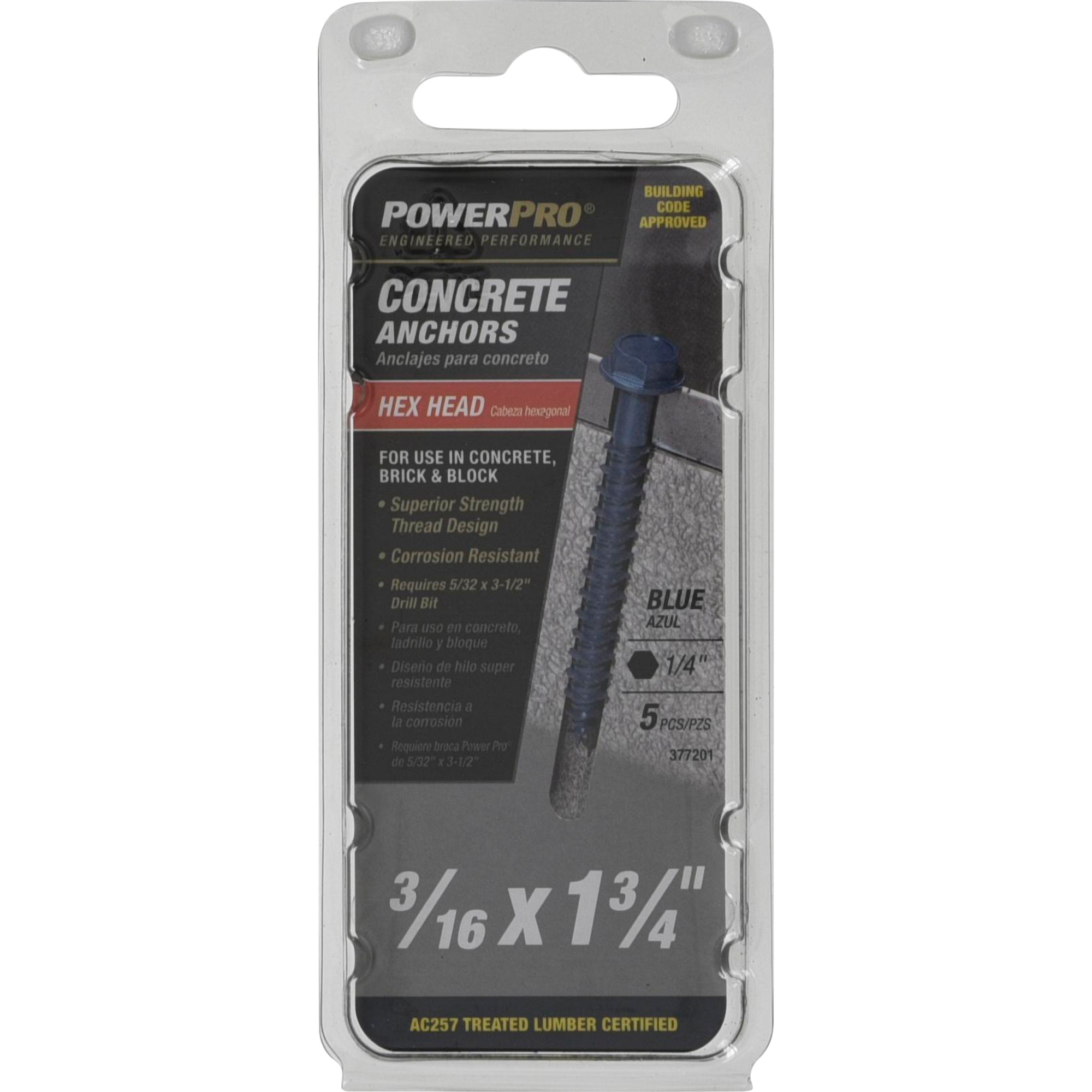 Power Pro Blue Hex Washer-Head Concrete Screw Anchor (3/16 in. x 1-3/4 in.) - 5 pc