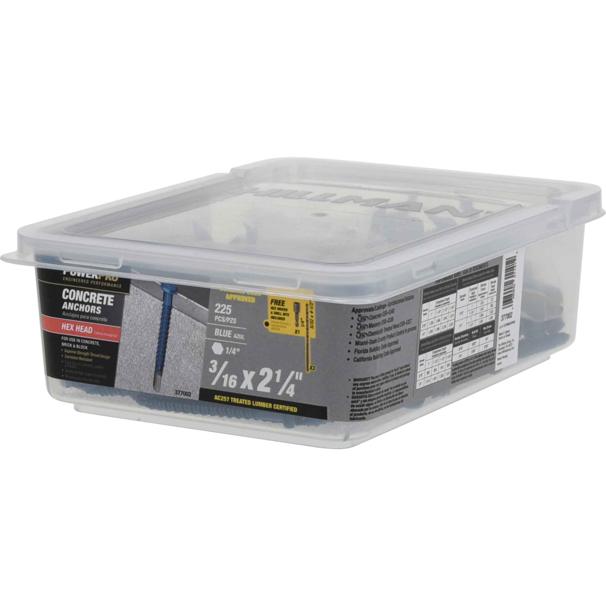 Power Pro Blue Hex Washer-Head Concrete Screw Anchor (3/16 in. x 2-1/4 in.) - 225 pc