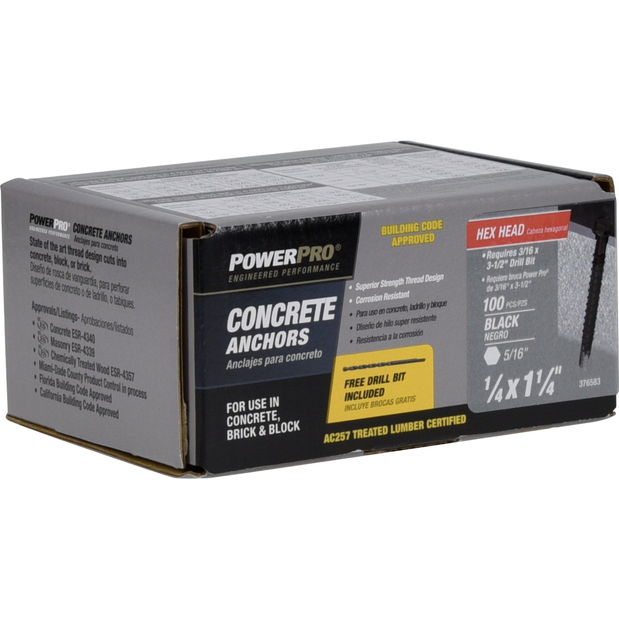 Power Pro Black Hex Washer-Head Concrete Screw Anchor (1/4 in. x 1-1/4 in.) - 100 pc