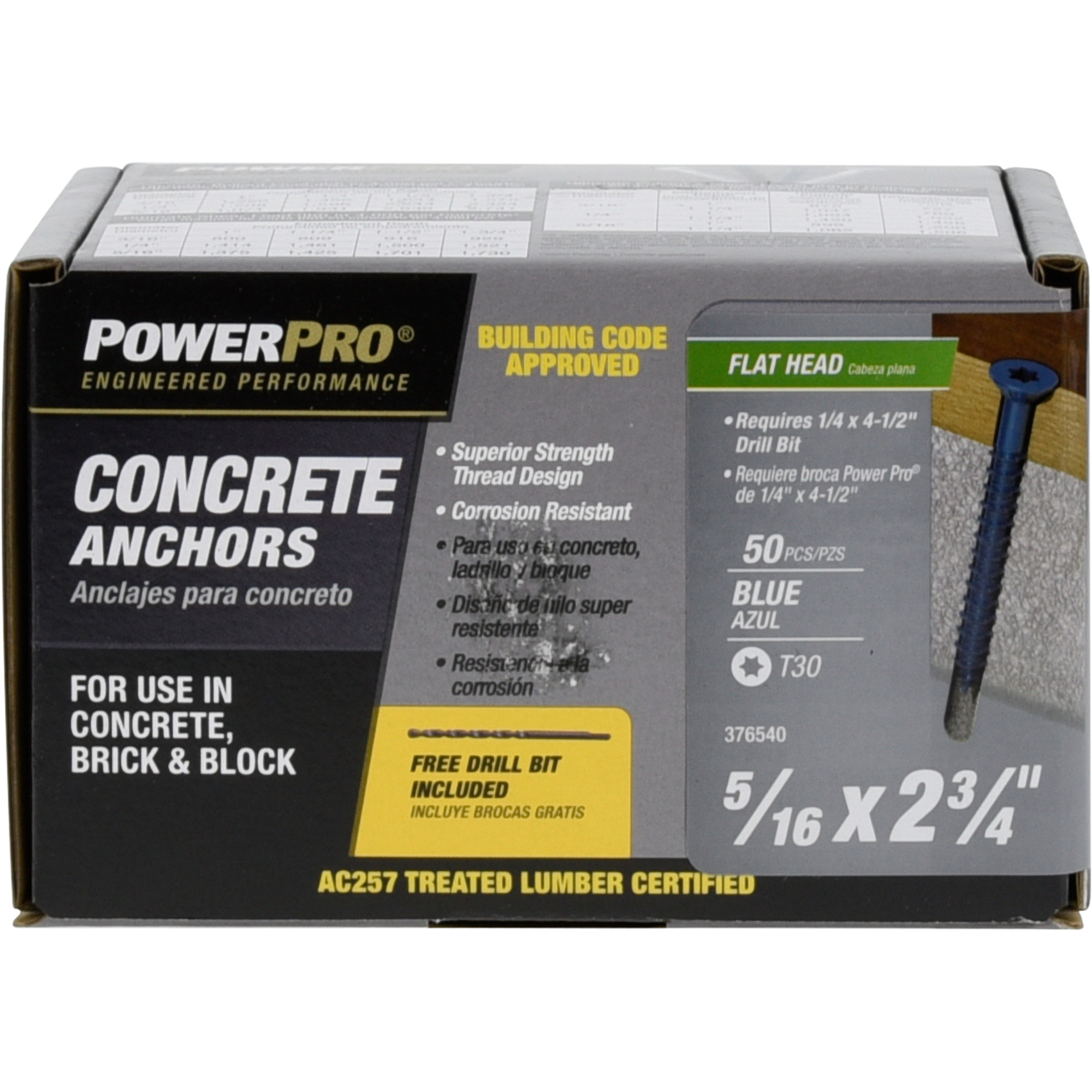 Power Pro Blue Flat-Head Concrete Screw Anchor (5/16 in. x 2-3/4 in.) - 50 pc