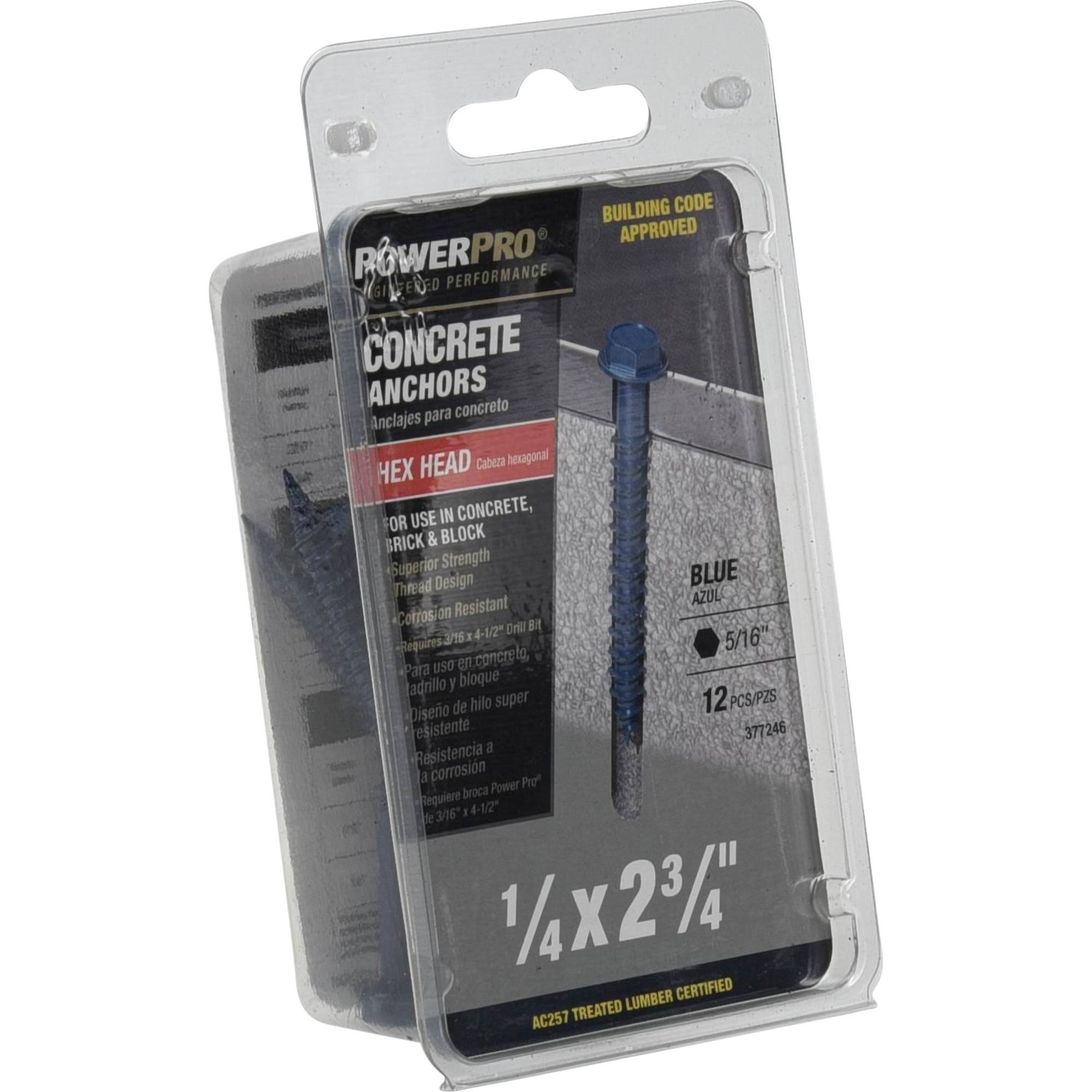 Power Pro Blue Hex Washer-Head Concrete Screw Anchor (1/4 in. x 2-3/4 in.) - 12 pc