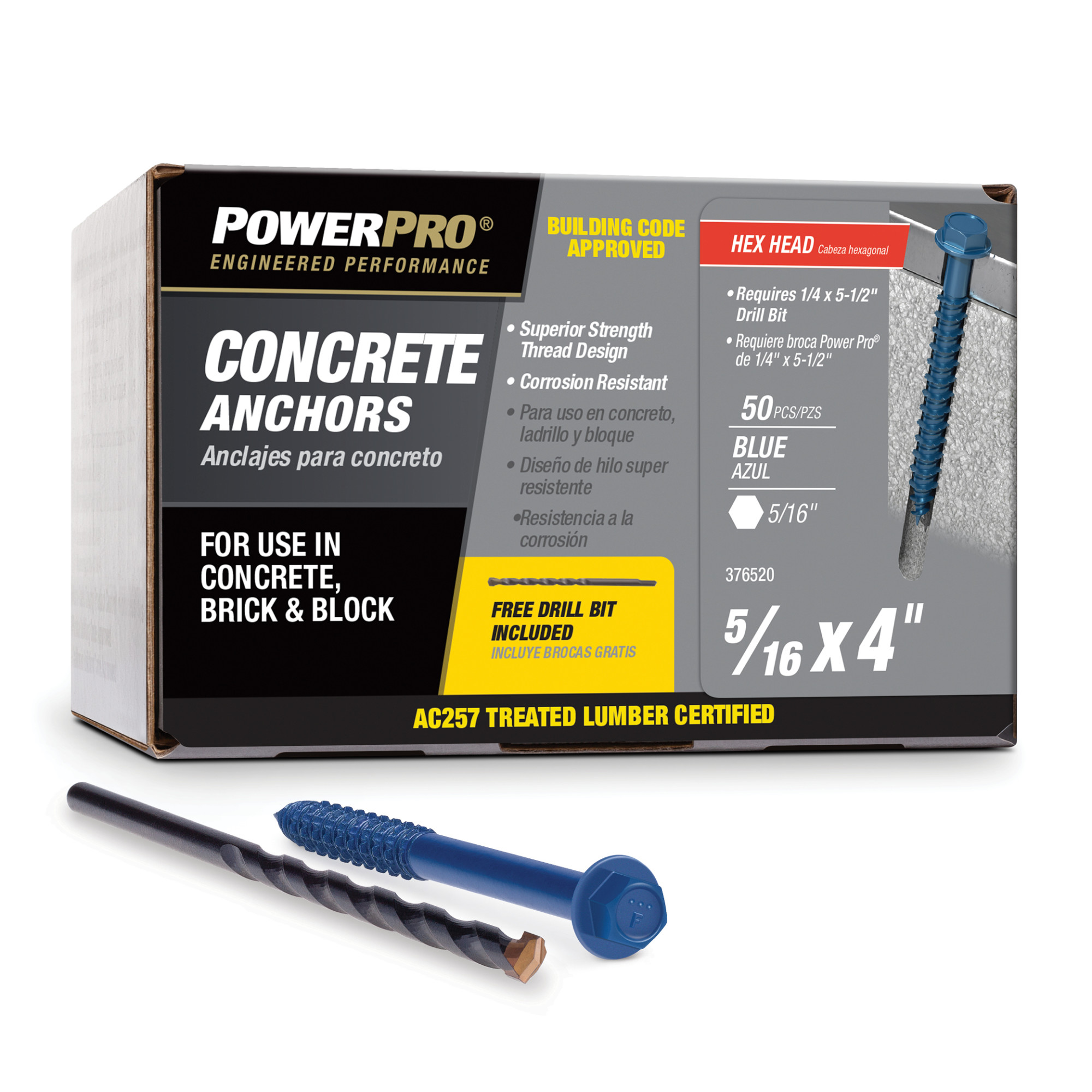 Power Pro Blue Hex Washer-Head Concrete Screw Anchor (5/16 in. x 4 in.) - 50 pc