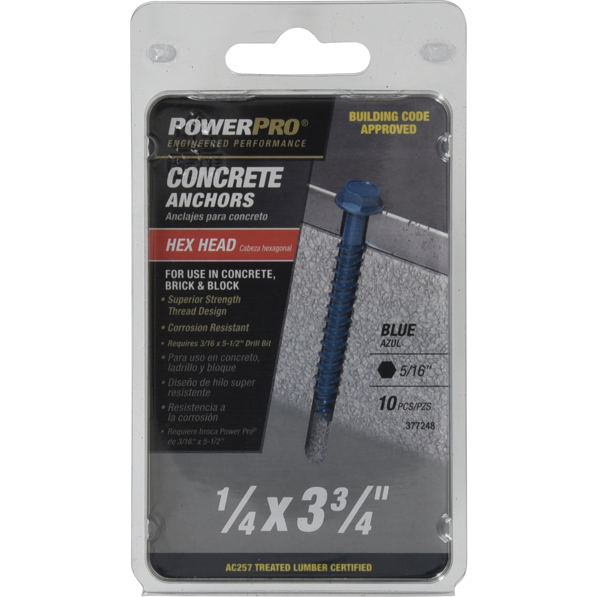 Power Pro Blue Hex Washer-Head Concrete Screw Anchor (1/4 in. x 3-3/4 in.) - 10 pc
