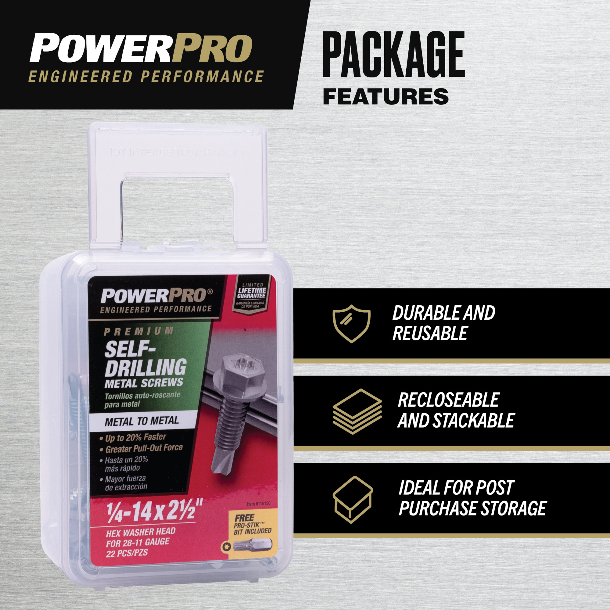 Power Pro Premium Hex Zinc Self-Drilling Screws (1/4 in.-14 x 2-1/2 in.) - 22 pc