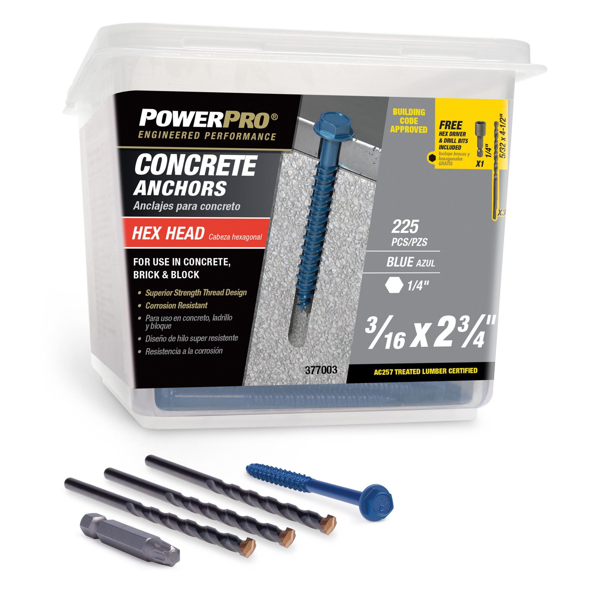 Power Pro Blue Hex Washer-Head Concrete Screw Anchor (3/16 in. x 2-3/4 in.) - 225 pc