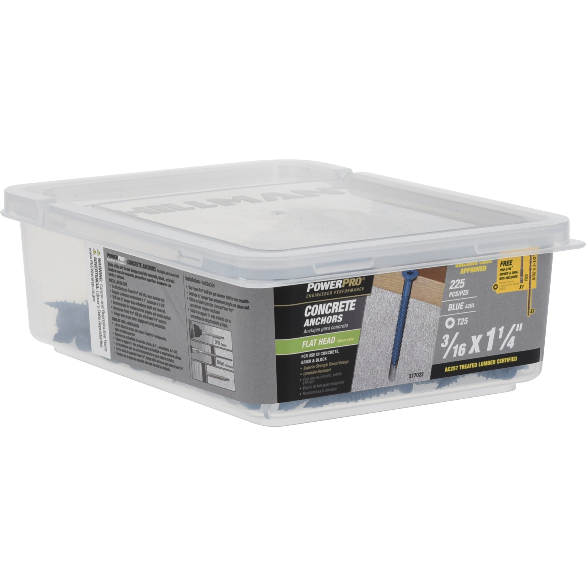 Power Pro Blue Flat-Head Concrete Screw Anchor (3/16 in. x 1-1/4 in.) - 225 pc