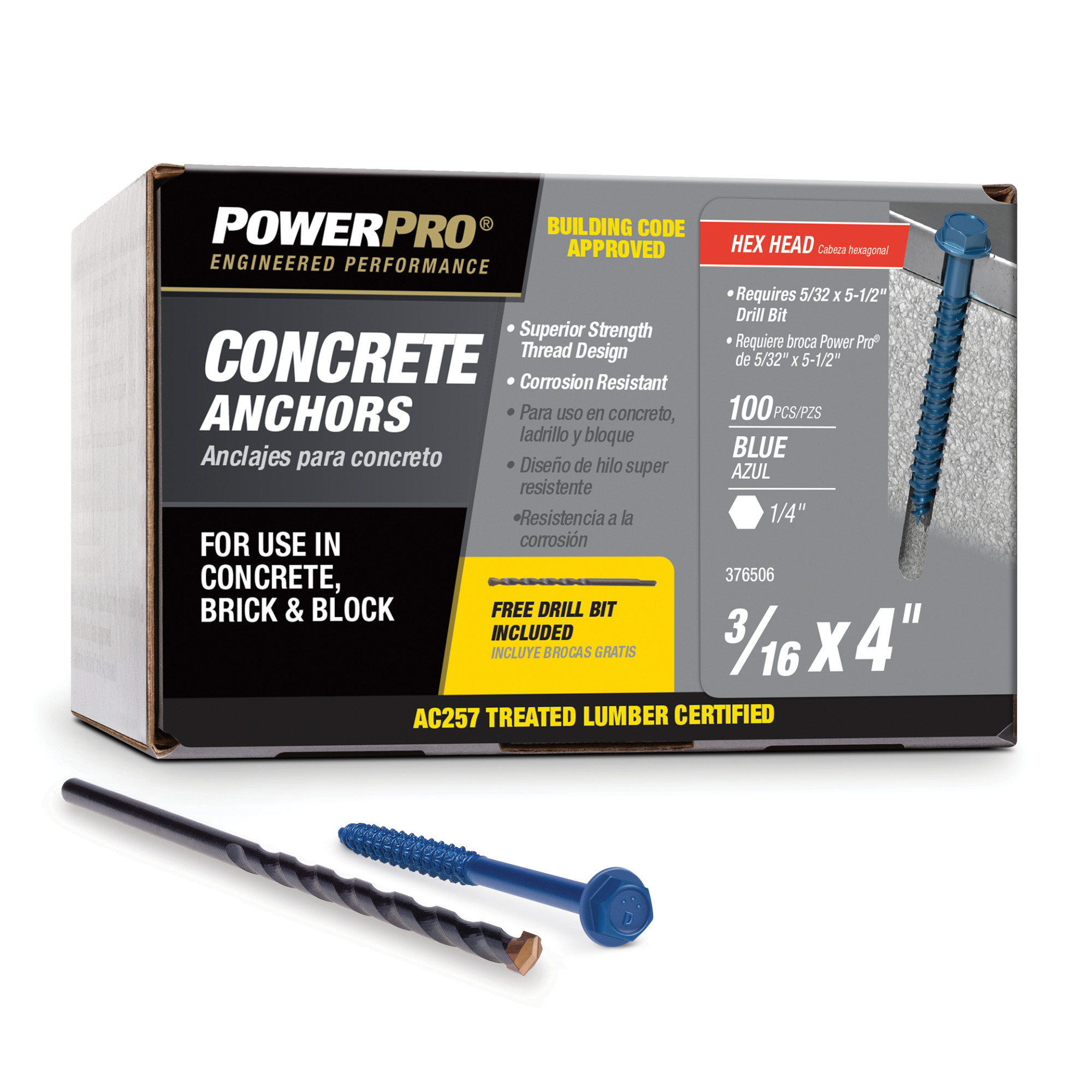 Power Pro Blue Hex Washer-Head Concrete Screw Anchor (3/16 in. x 4 in.) - 100 pc