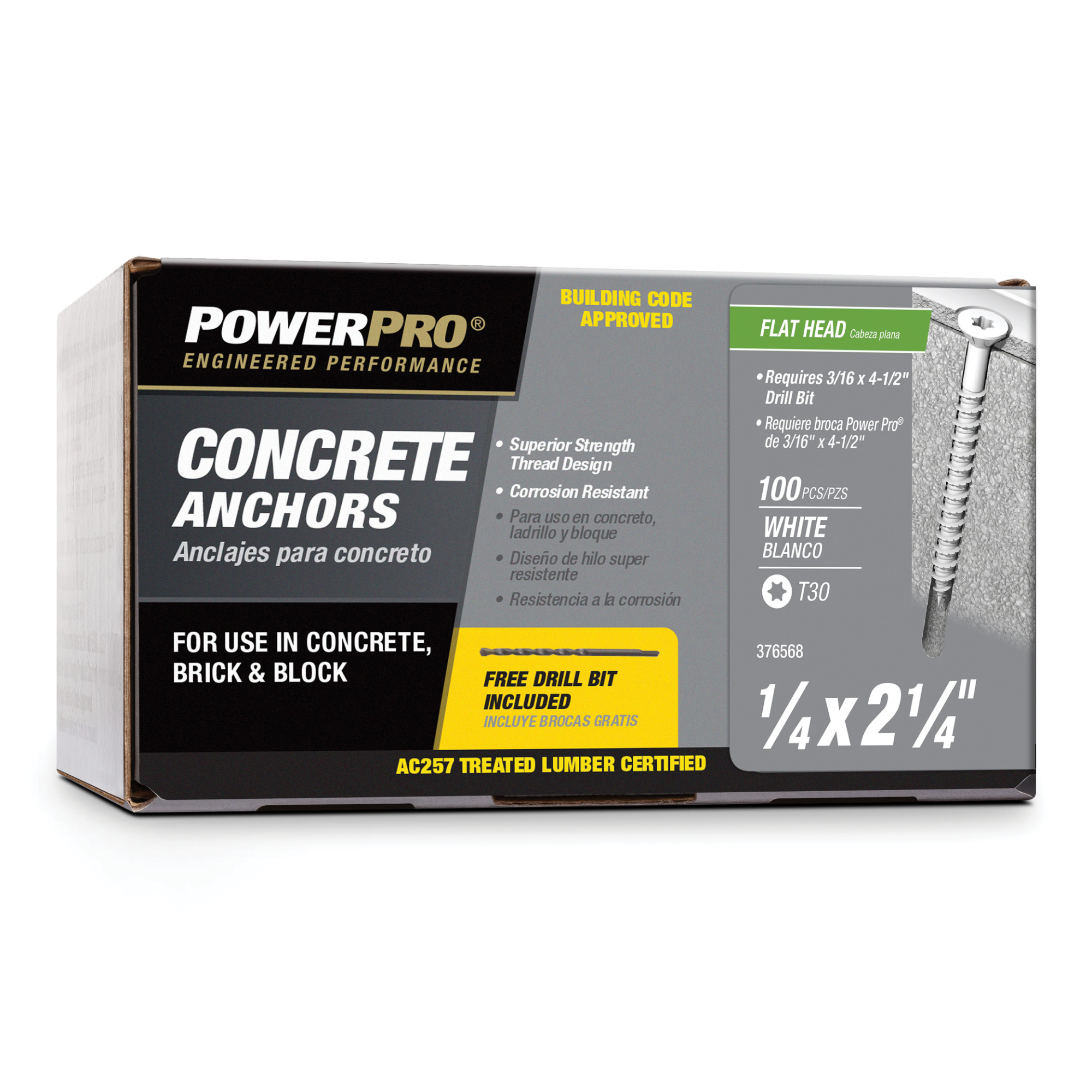 Power Pro White Flat-Head Concrete Screw Anchor (1/4 in. x 2-1/4 in.) - 100 pc