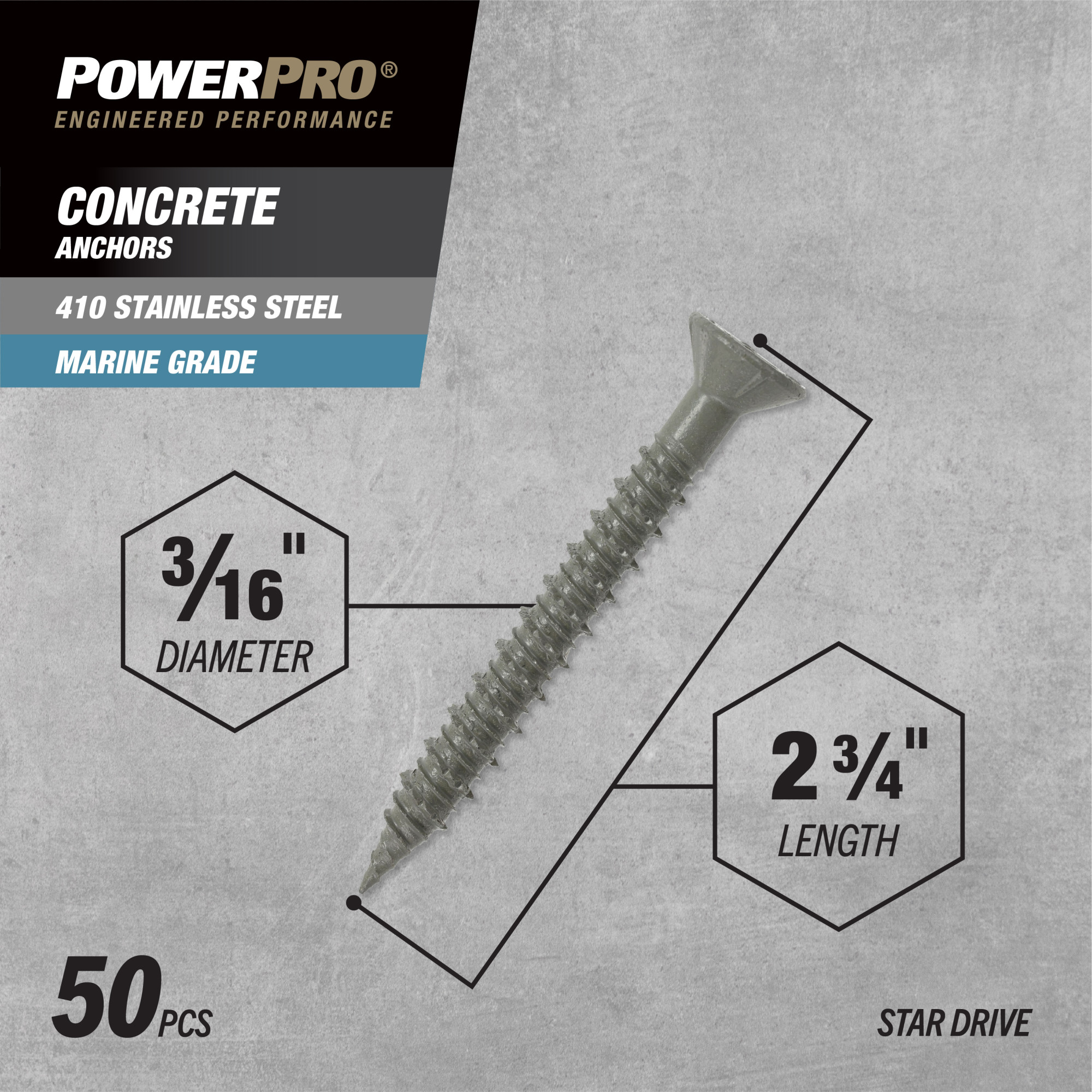 Power Pro 410 Stainless Flat Concrete Screw Anchor (3/16 in. x 2-3/4 in.) 100 pc