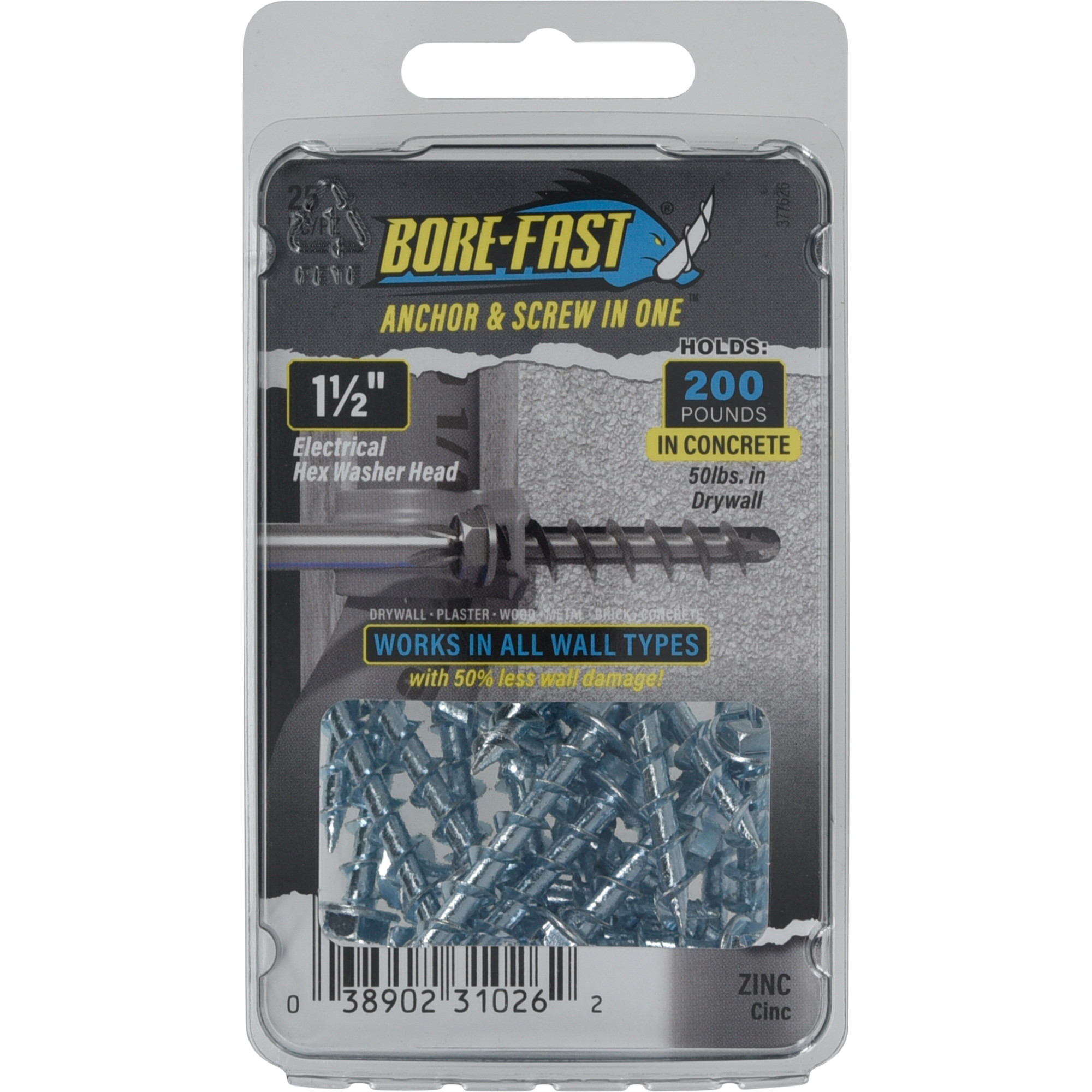 Hillman Borefast Zinc Phillips Hex Washer-Head Screw Anchor (1-1/2 in.) - 25 pc